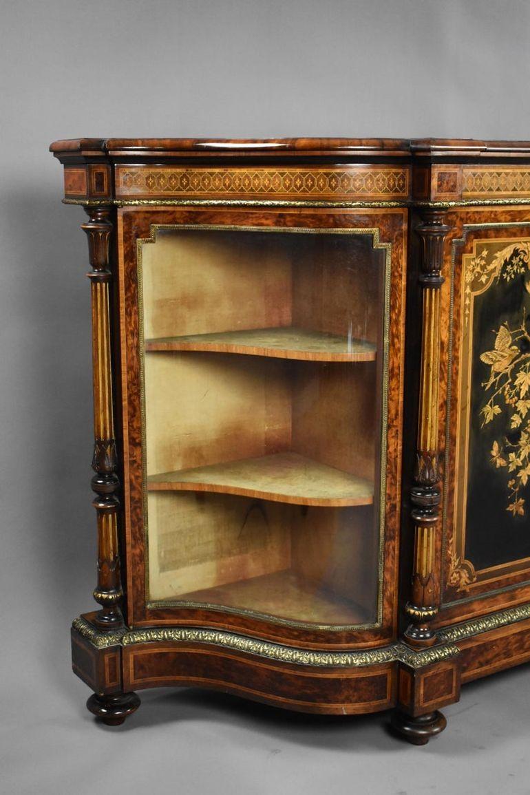 English Victorian Burr Walnut and Marquetry Credenza by Gillow For Sale