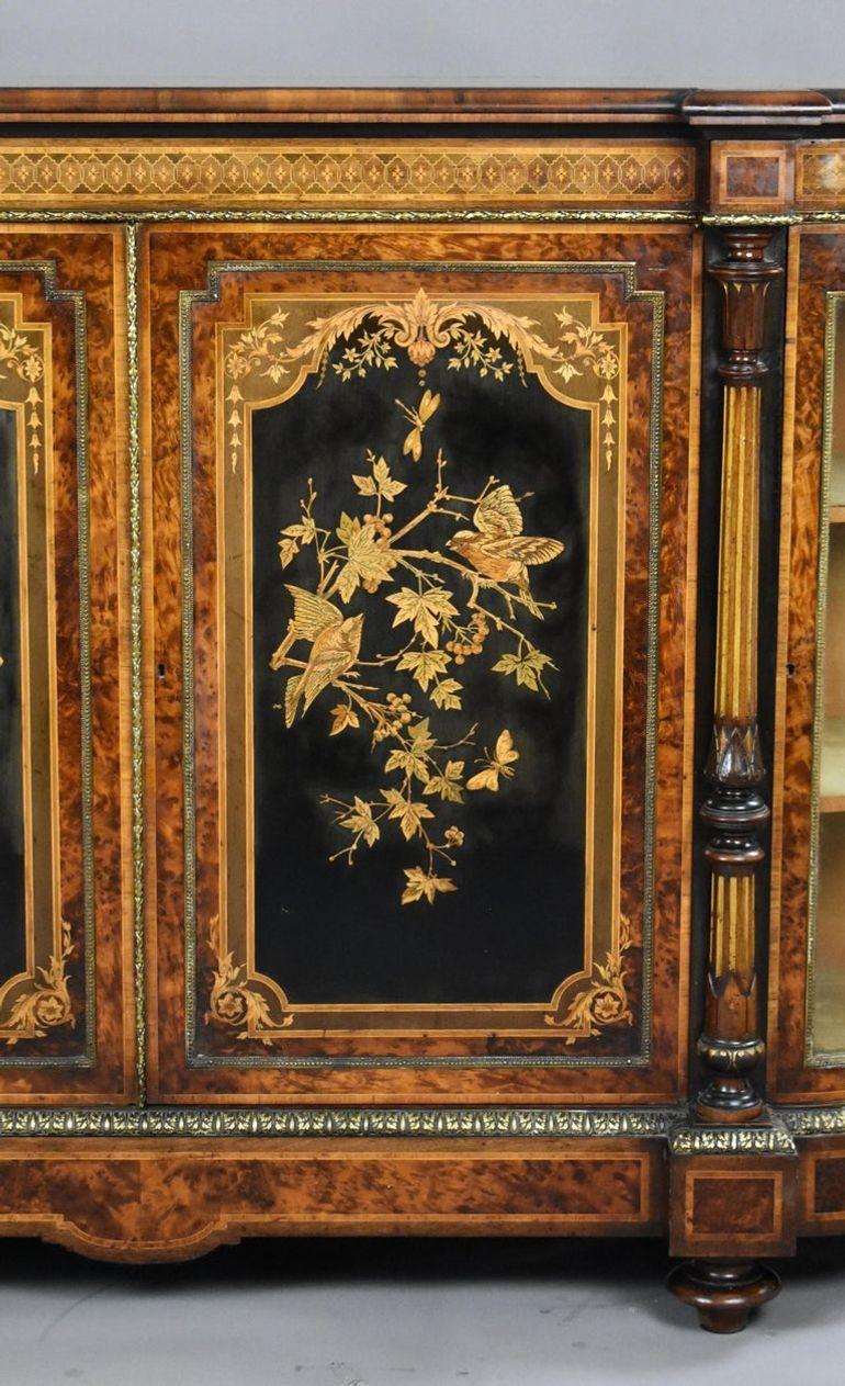 Victorian Burr Walnut and Marquetry Credenza by Gillow For Sale 2