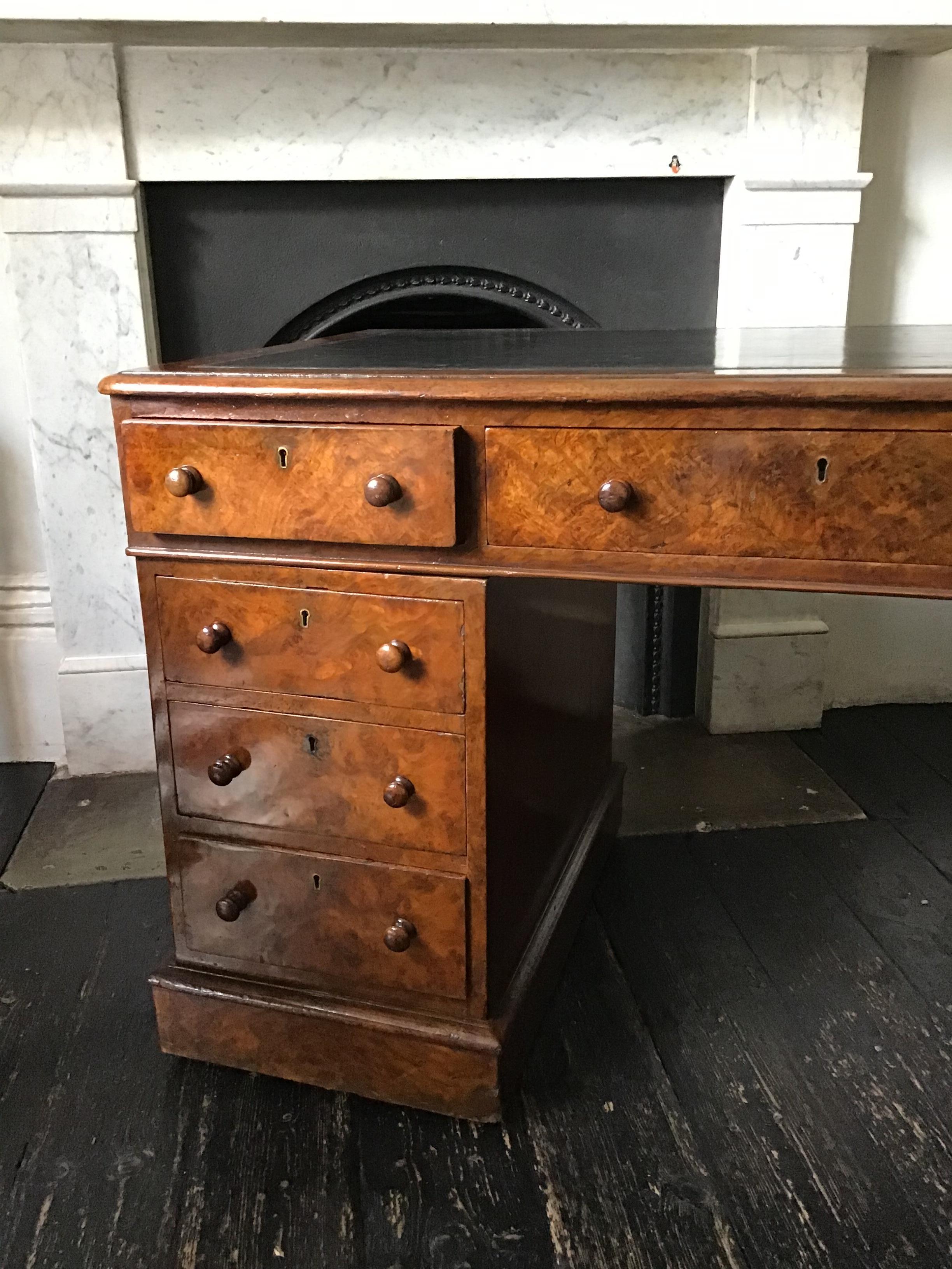 Victorian Burr Walnut and Tooled Leather Twin Pedestal Desk by T Crunden & Sons In Good Condition In London, GB