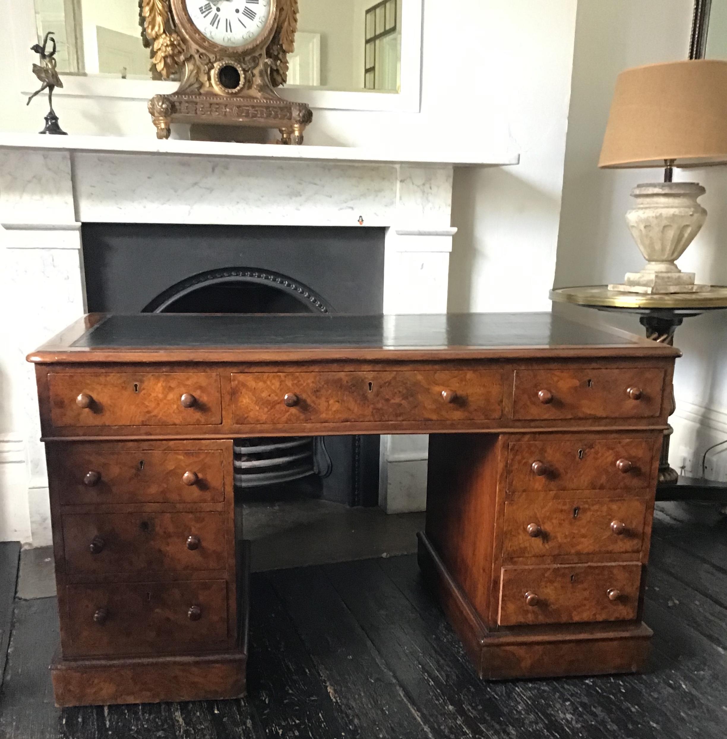 Mid-19th Century Victorian Burr Walnut and Tooled Leather Twin Pedestal Desk by T Crunden & Sons