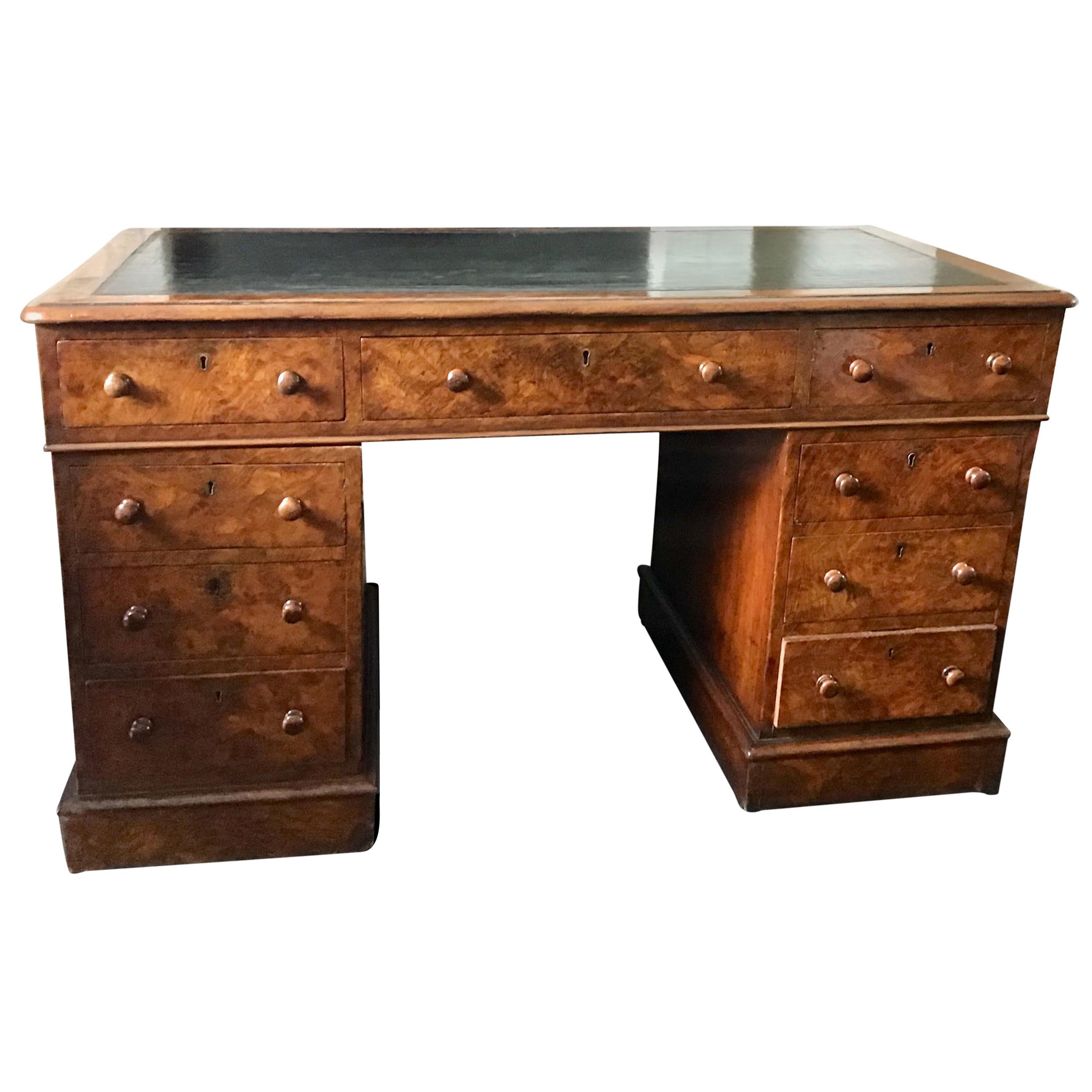 Victorian Burr Walnut and Tooled Leather Twin Pedestal Desk by T Crunden & Sons