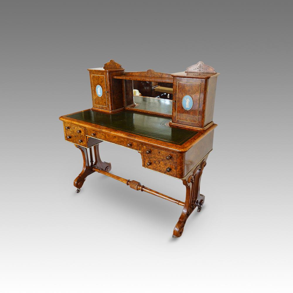 Victorian burr walnut bonheur du jour
This magnificent Victorian burr walnut bonheur du jour with Jasperware panels was made circa 1860 in one of the best workshops of the period. This type of furniture is like items that were commissioned for