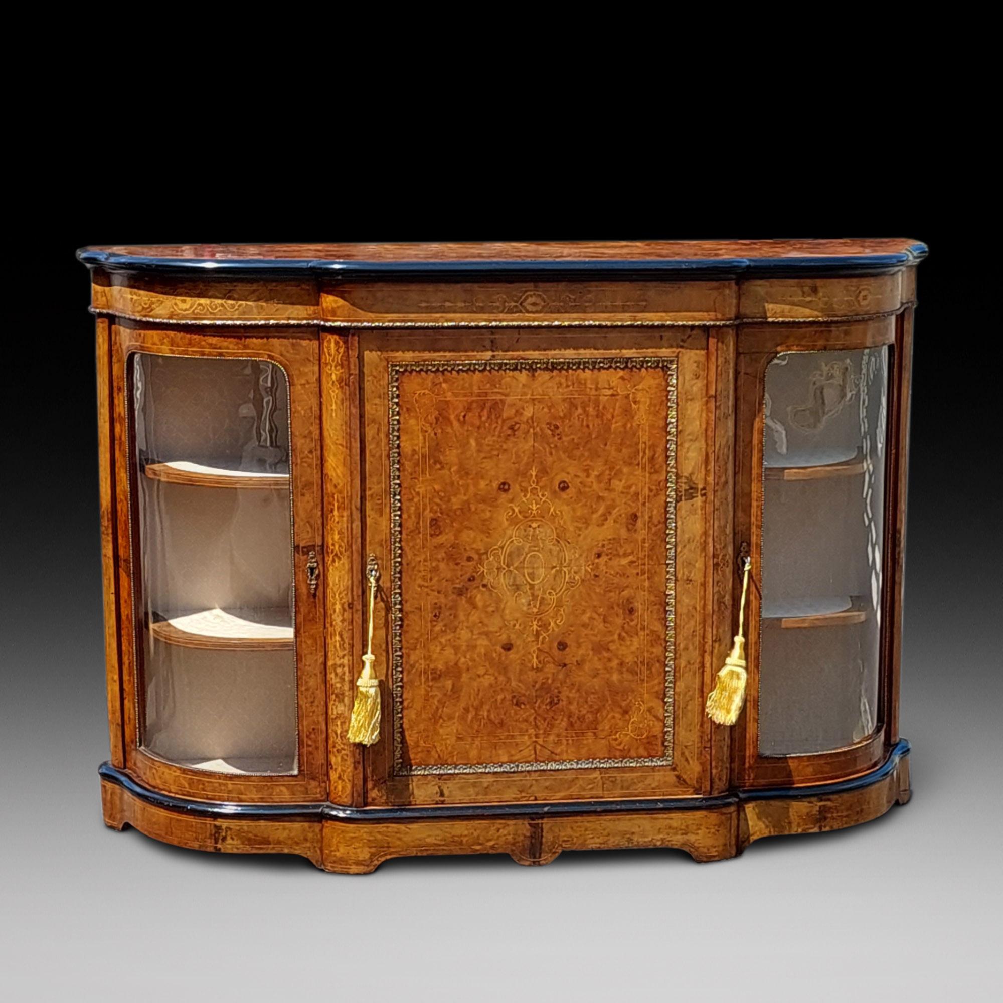 Victorian Burr Walnut Bow Fronted Credenza of Excellent Quality Inlaid with Sycamore and Boxwood, Ebonised & Decorated with Ormalu 61