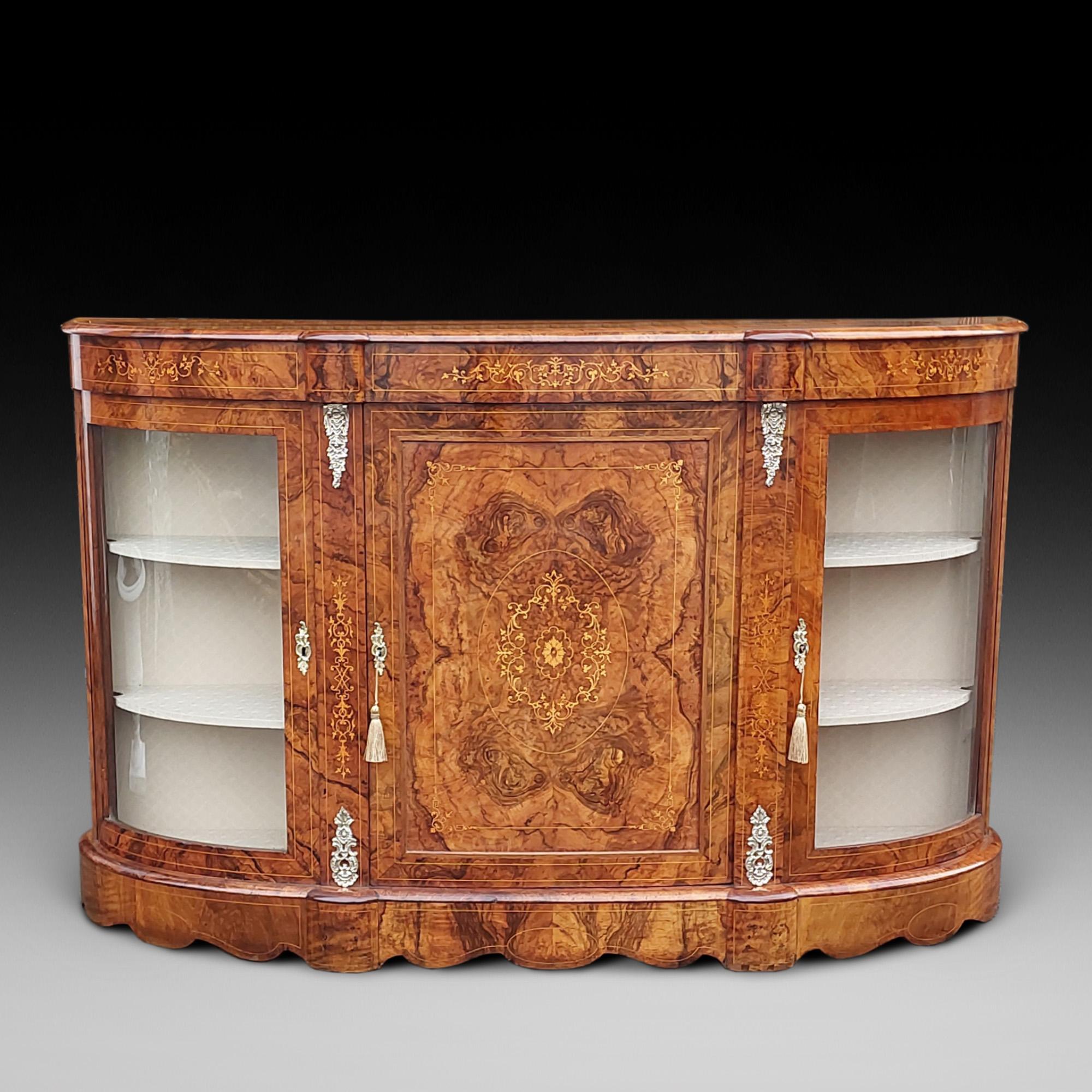 Victorian Burr Walnut Bow Fronted Credenza of Fine Quality, Inlaid with Sycamore and Boxwood & Decorated with Ormalu Quadrants, on Serpentine Pedestal Base - 66