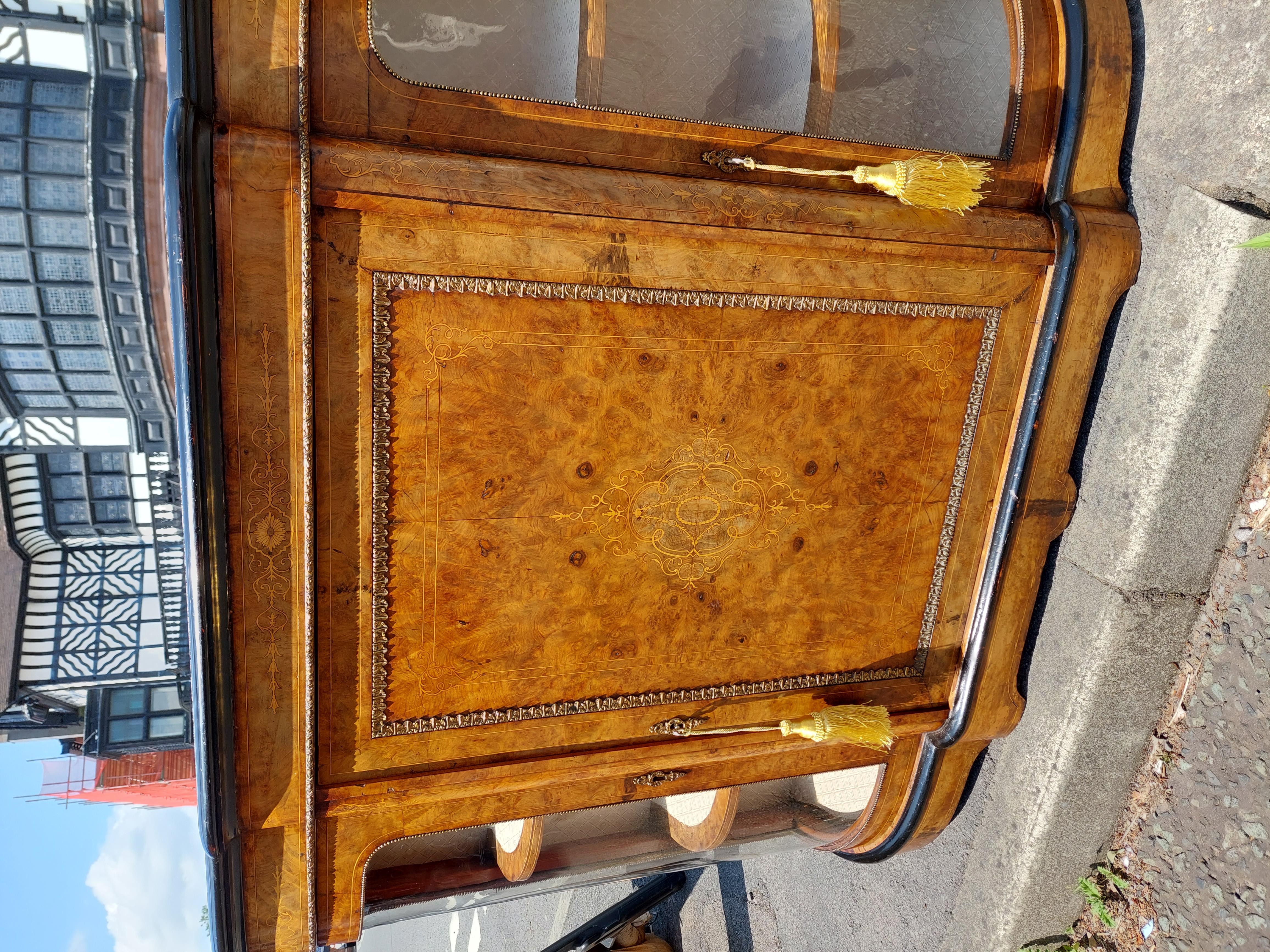 English Victorian Burr Walnut Bow Fronted Credenza  For Sale