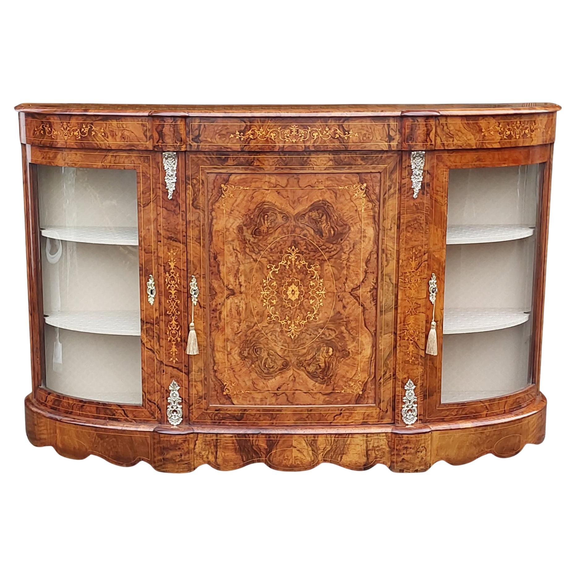 Victorian Burr Walnut Bow Fronted Credenza