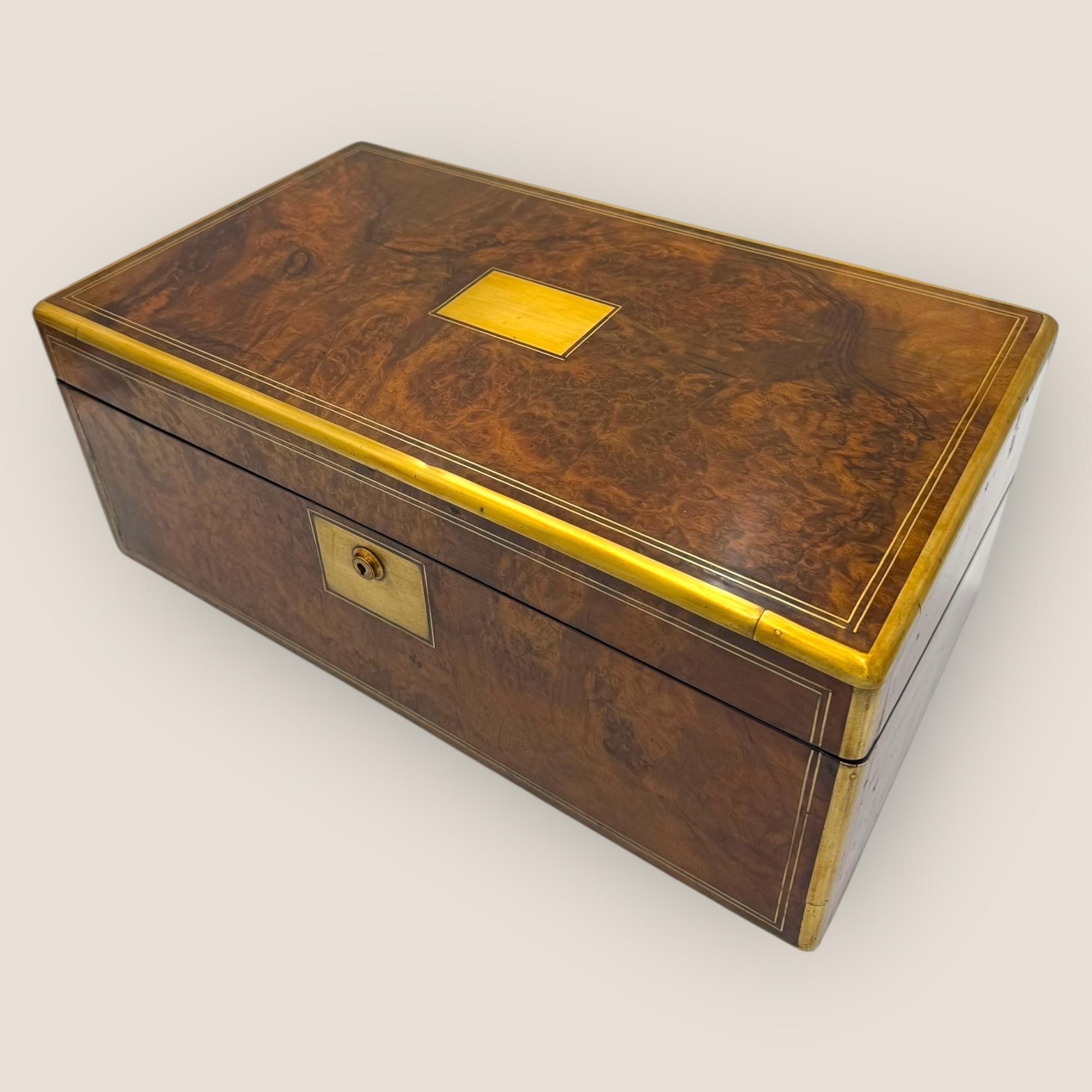 British Victorian Burr Walnut & Brassbound Campaign Writing Slope