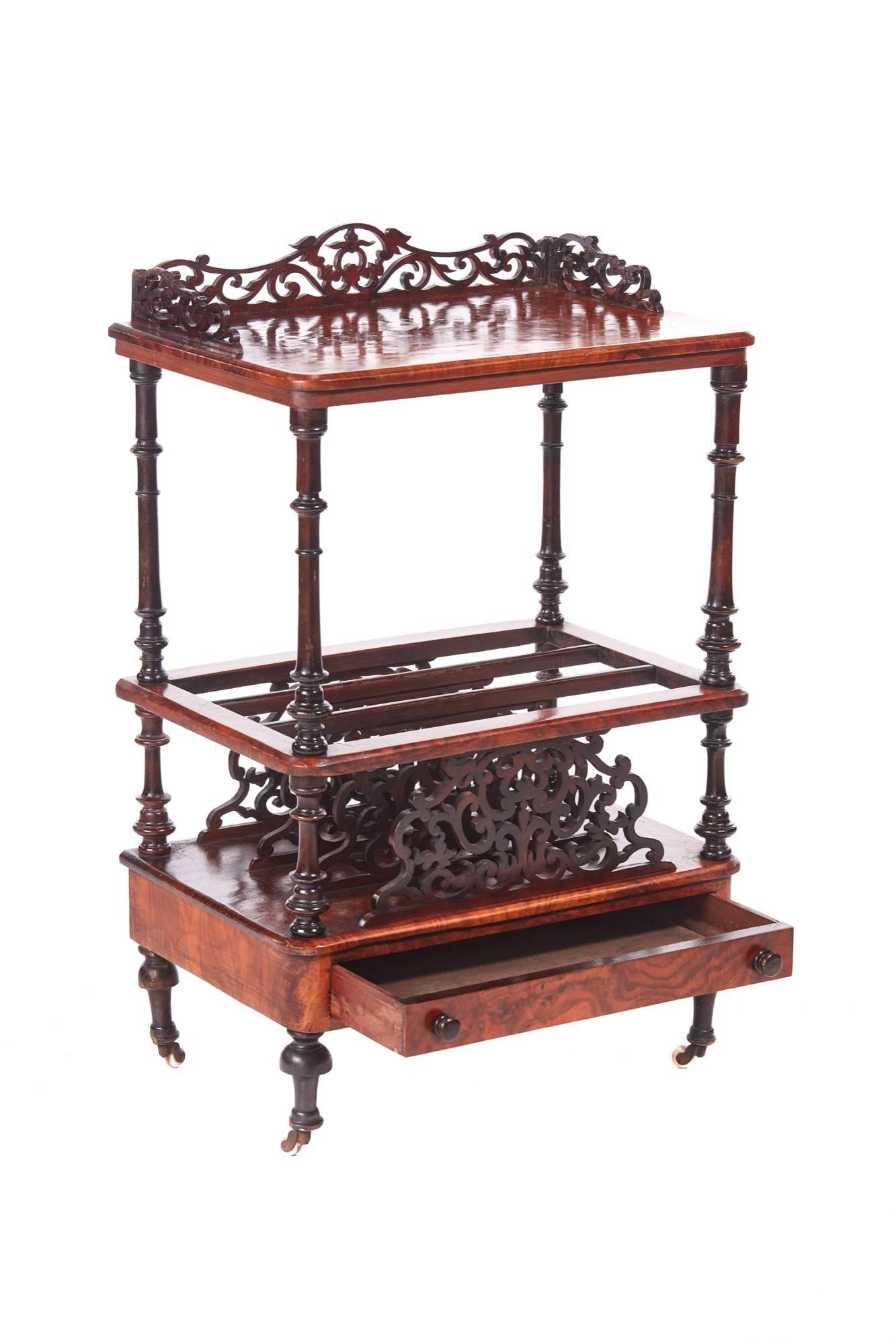 Victorian burr walnut Canterbury whatnot, with a shaped fretwork gallery, lovely burr walnut top, turned shaped column supports, three divisions with shaped fretwork, one burr walnut drawer with original turned knobs, standing on short turned legs,