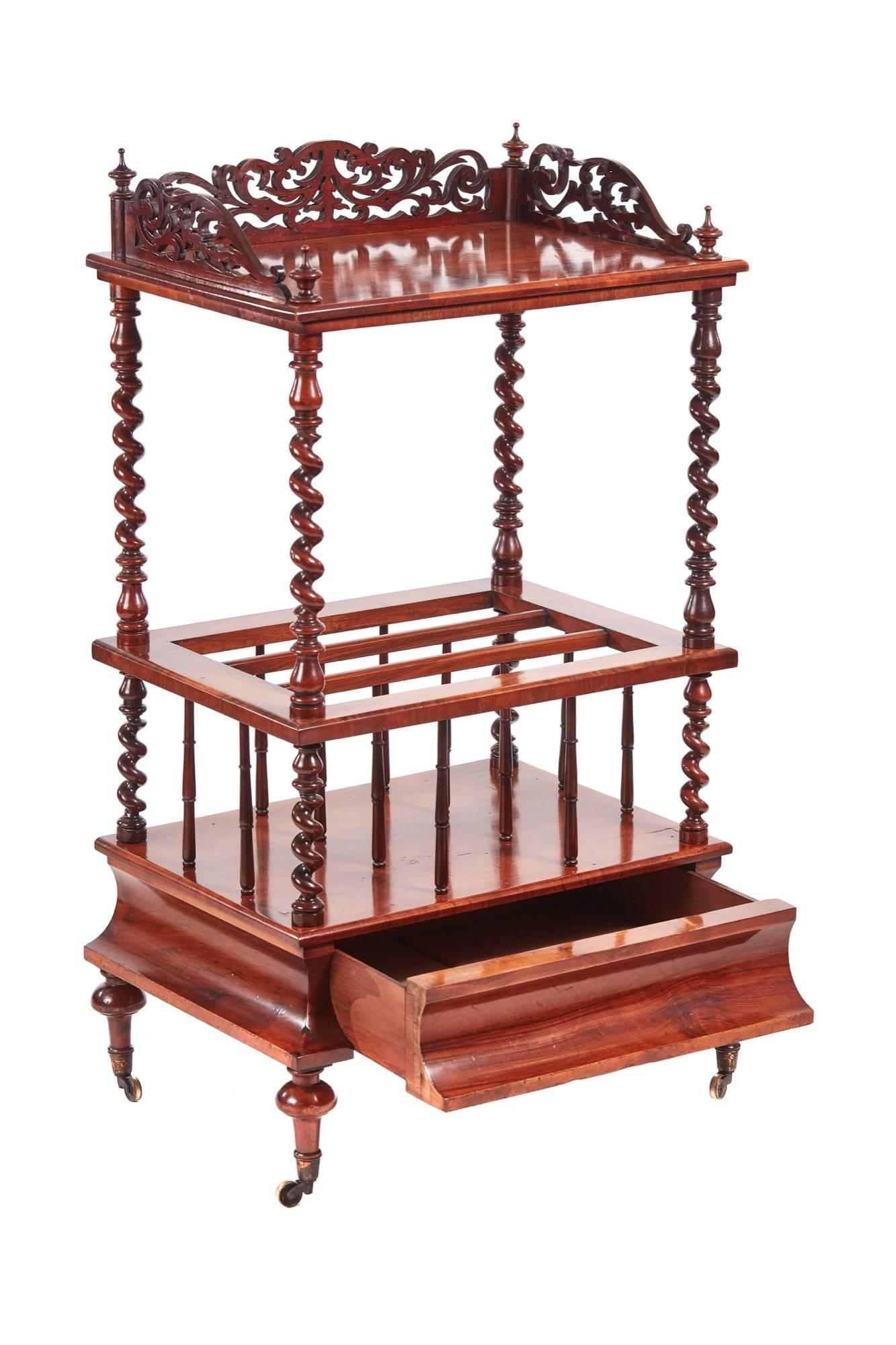 Victorian burr walnut canterbury whatnot, with a shaped fretwork gallery, lovely burr walnut top, solid walnut barley twist supports, three divisions supported by lovely turnings, one walnut shaped drawer to the base standing on short turned legs