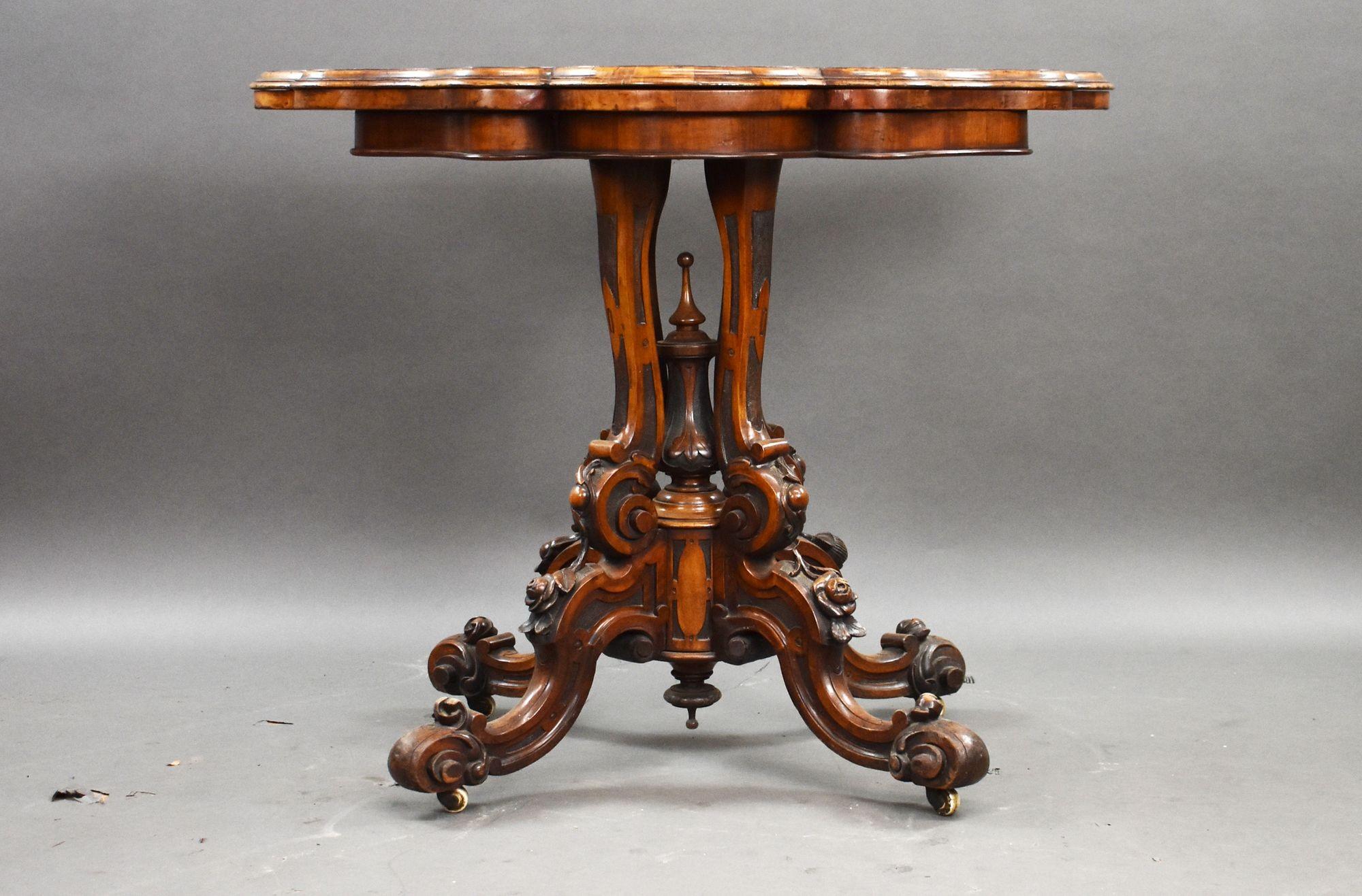 Victorian Burr Walnut Shaped Top Fold-Over Games / Centre Table
Item Code: EL12/745
Circa 1860
A superb quality mid-19th century Victorian burr walnut fold-over games table, crafted with exceptional attention to detail and striking decorative
