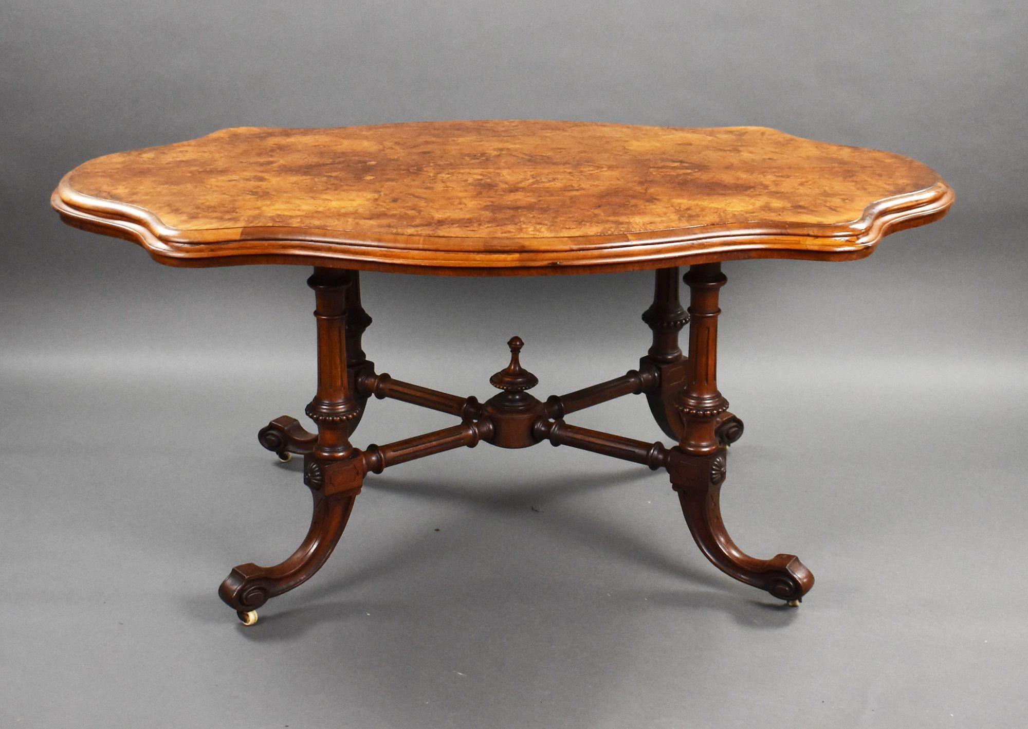 For sale is a very good quality Victorian burr walnut centre table, the shaped top is veneered in beautiful burr walnut, with a moulded edge, supported by turned columns, united by a cross stretcher, on elegant feet raised on original castors, the
