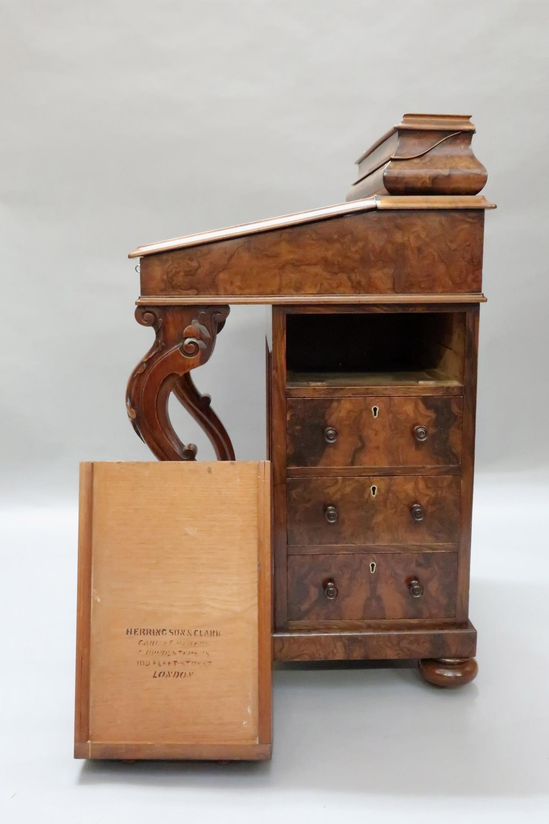 Victorian Burr Walnut Davenport Writing Desk with Satin Wood Interior 4