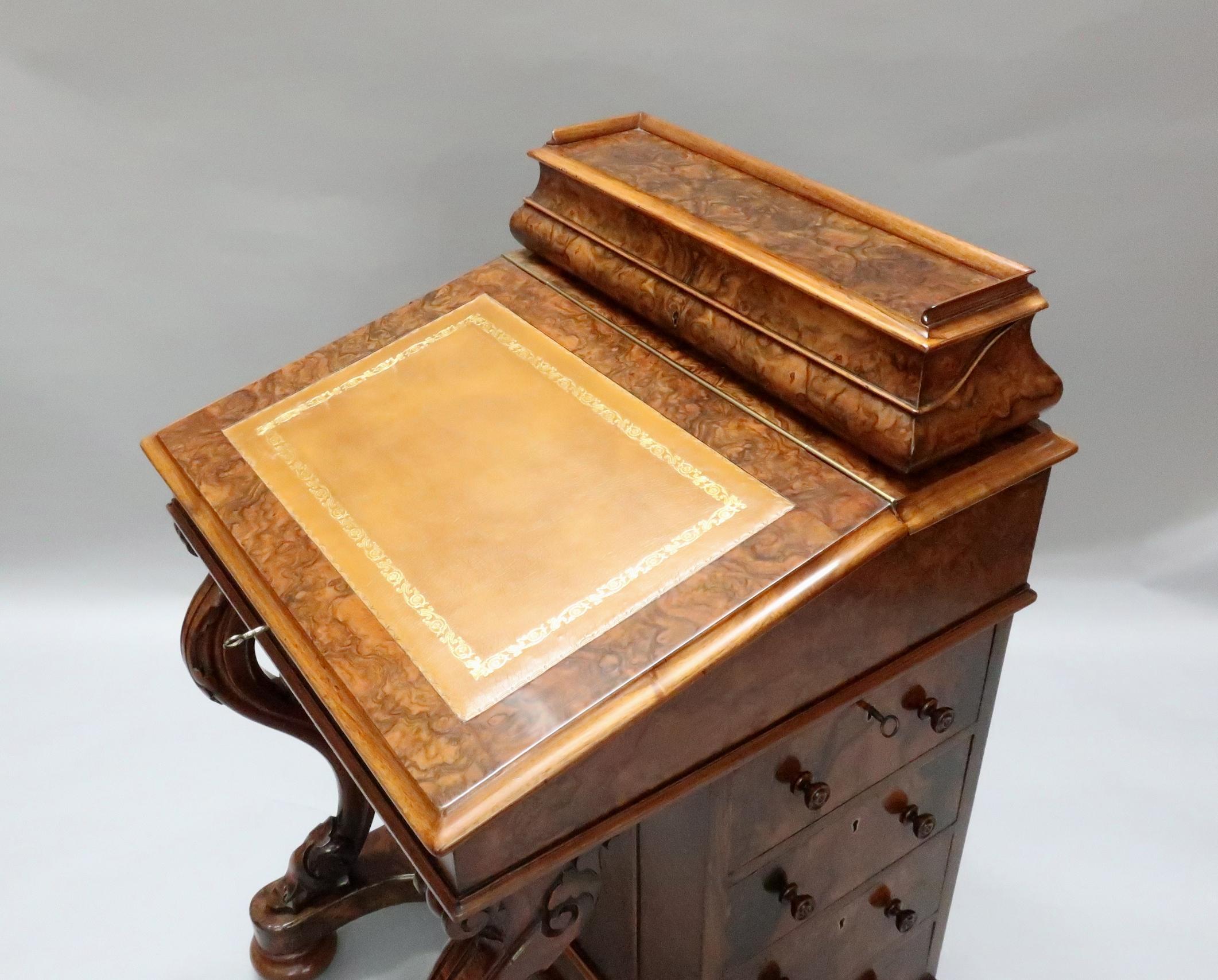 English Victorian Burr Walnut Davenport Writing Desk with Satin Wood Interior