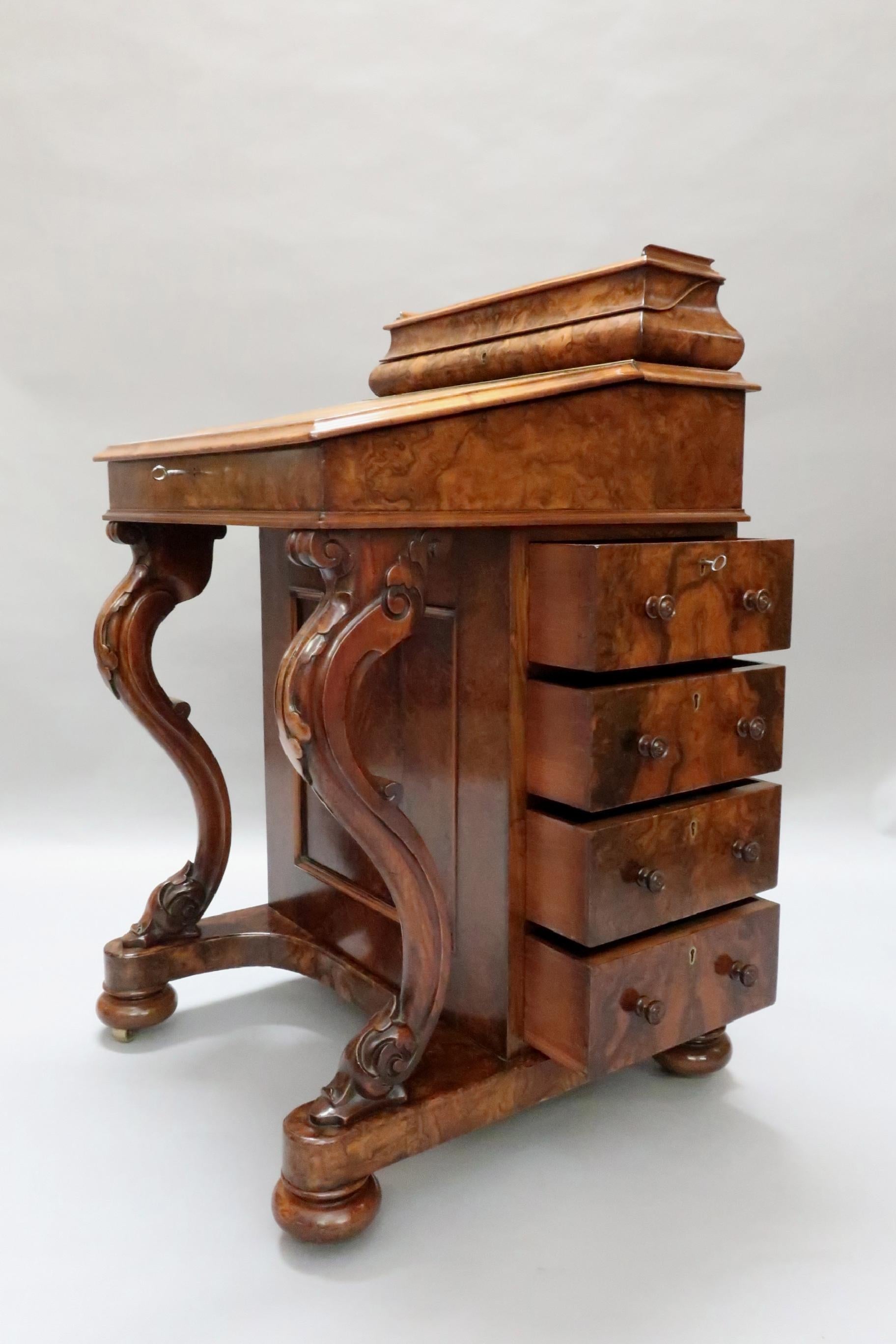 Victorian Burr Walnut Davenport Writing Desk with Satin Wood Interior 2
