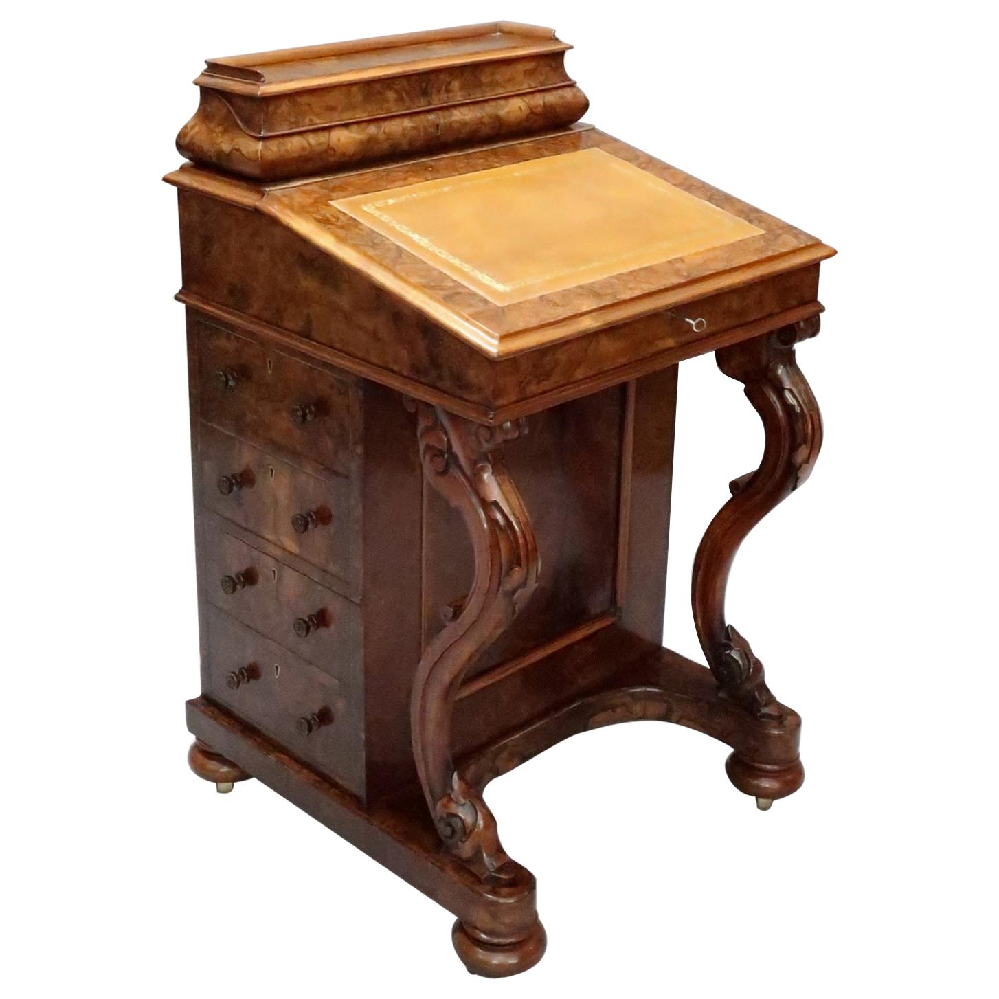 Victorian Burr Walnut Davenport Writing Desk with Satin Wood Interior