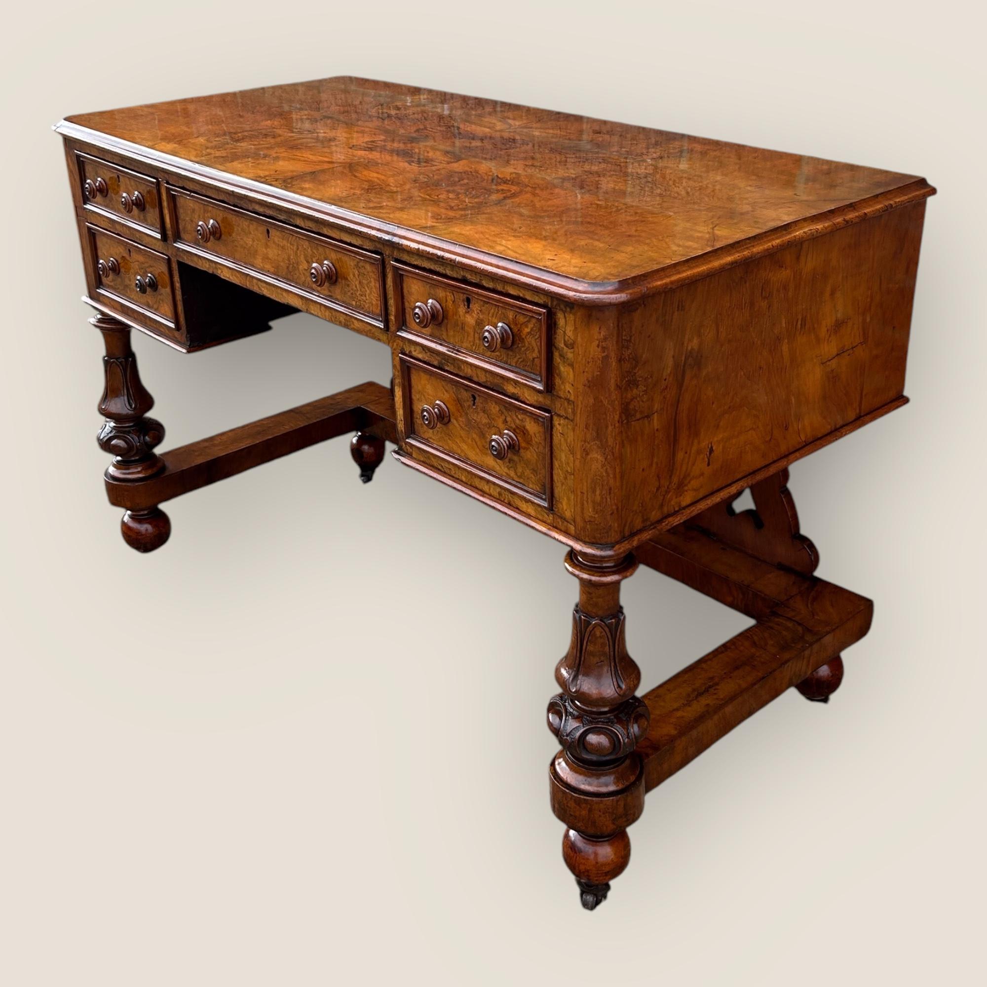 British Victorian Burr Walnut Desk For Sale