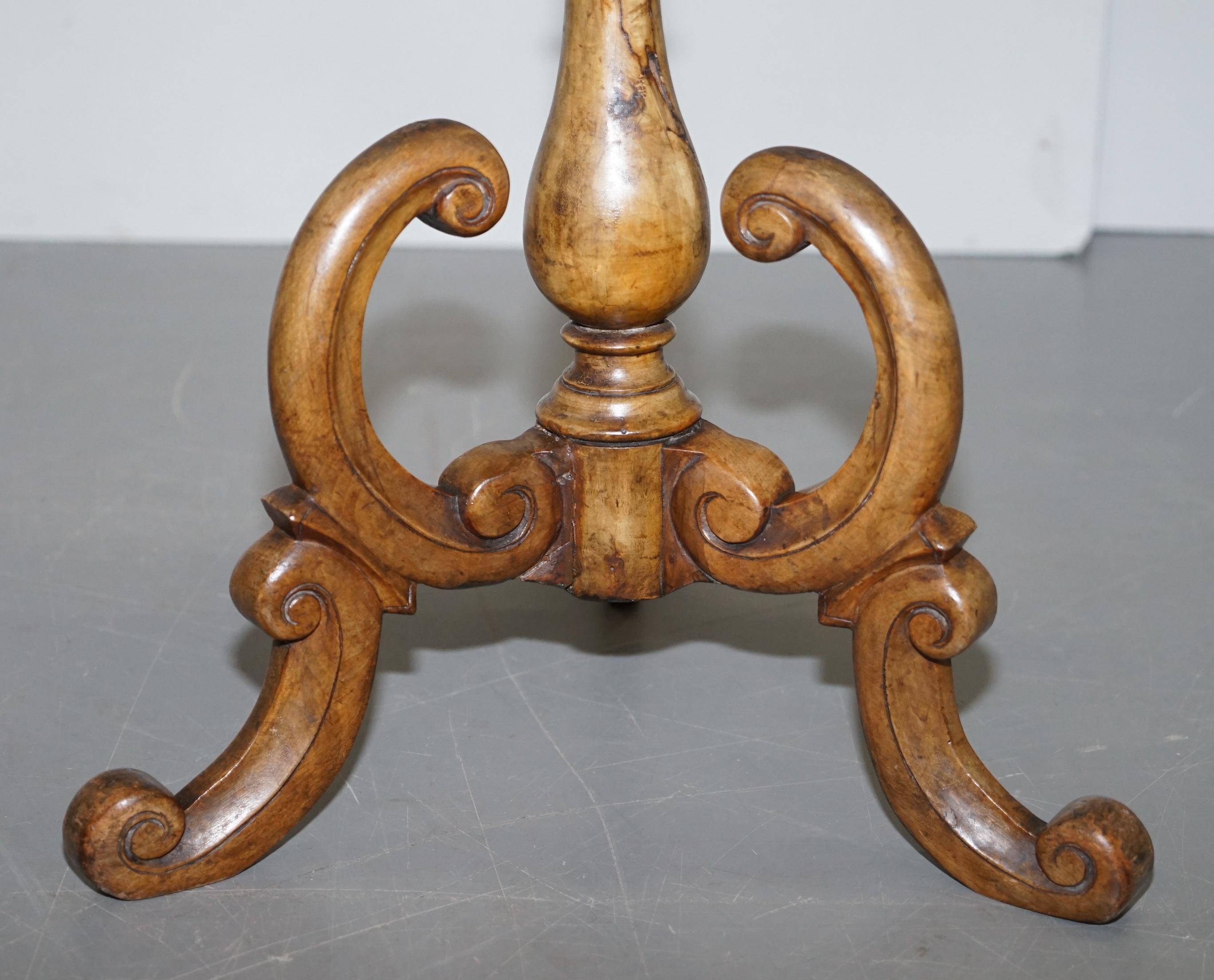 Victorian Burr Walnut Flower Tripod Side Table Victorian Ornate Carving Inlaid 4