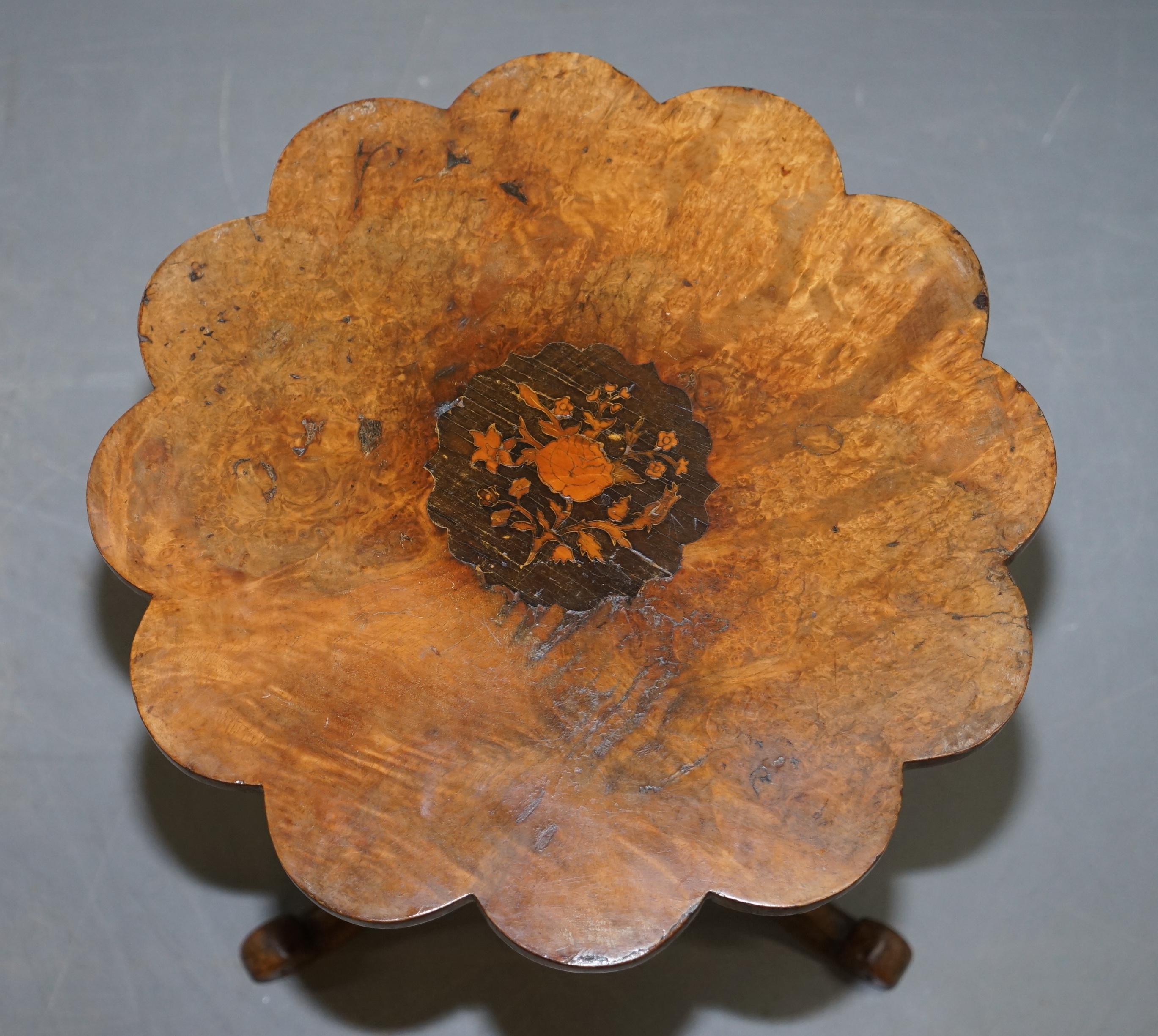 High Victorian Victorian Burr Walnut Flower Tripod Side Table Victorian Ornate Carving Inlaid