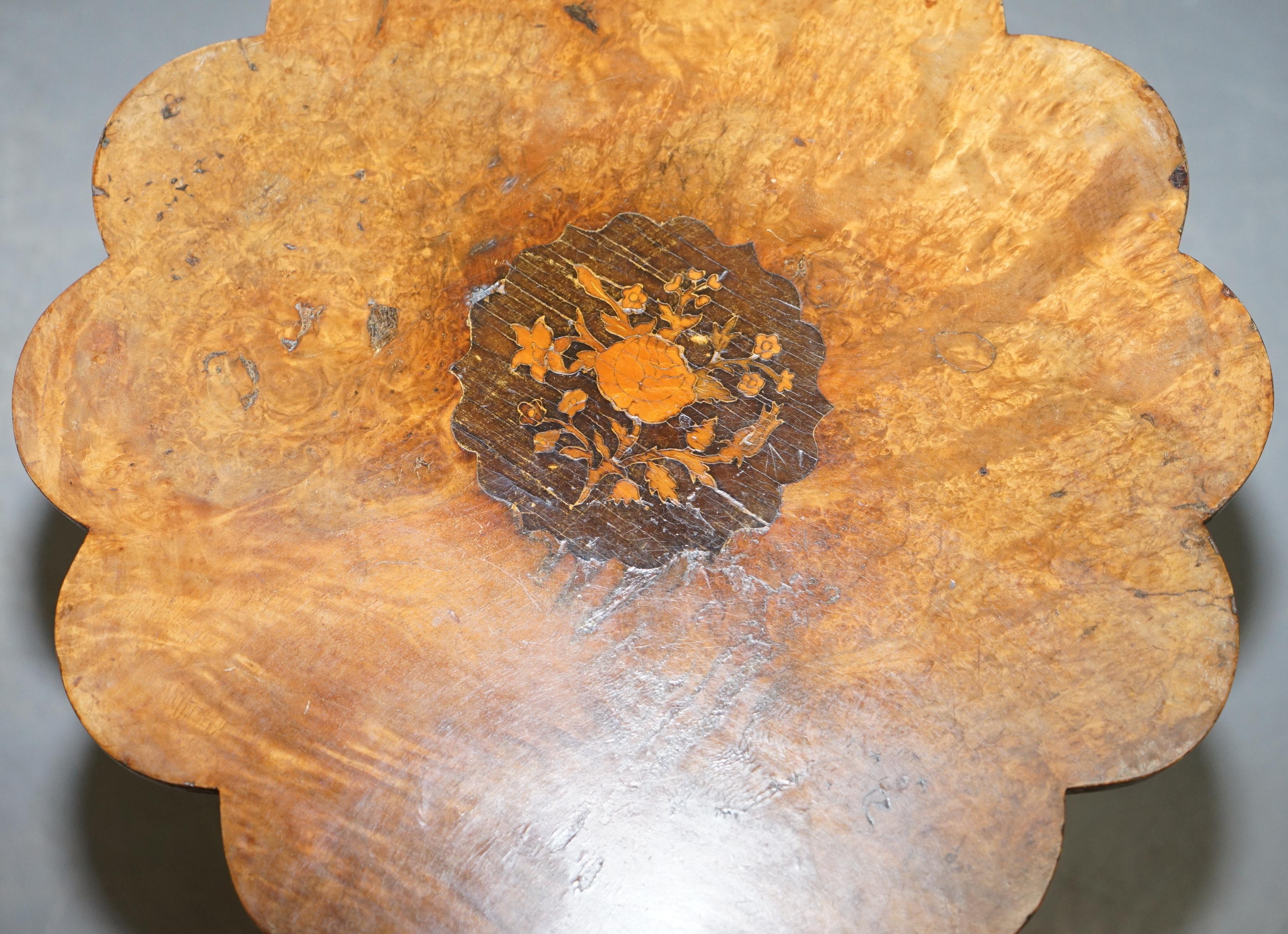 Hand-Crafted Victorian Burr Walnut Flower Tripod Side Table Victorian Ornate Carving Inlaid