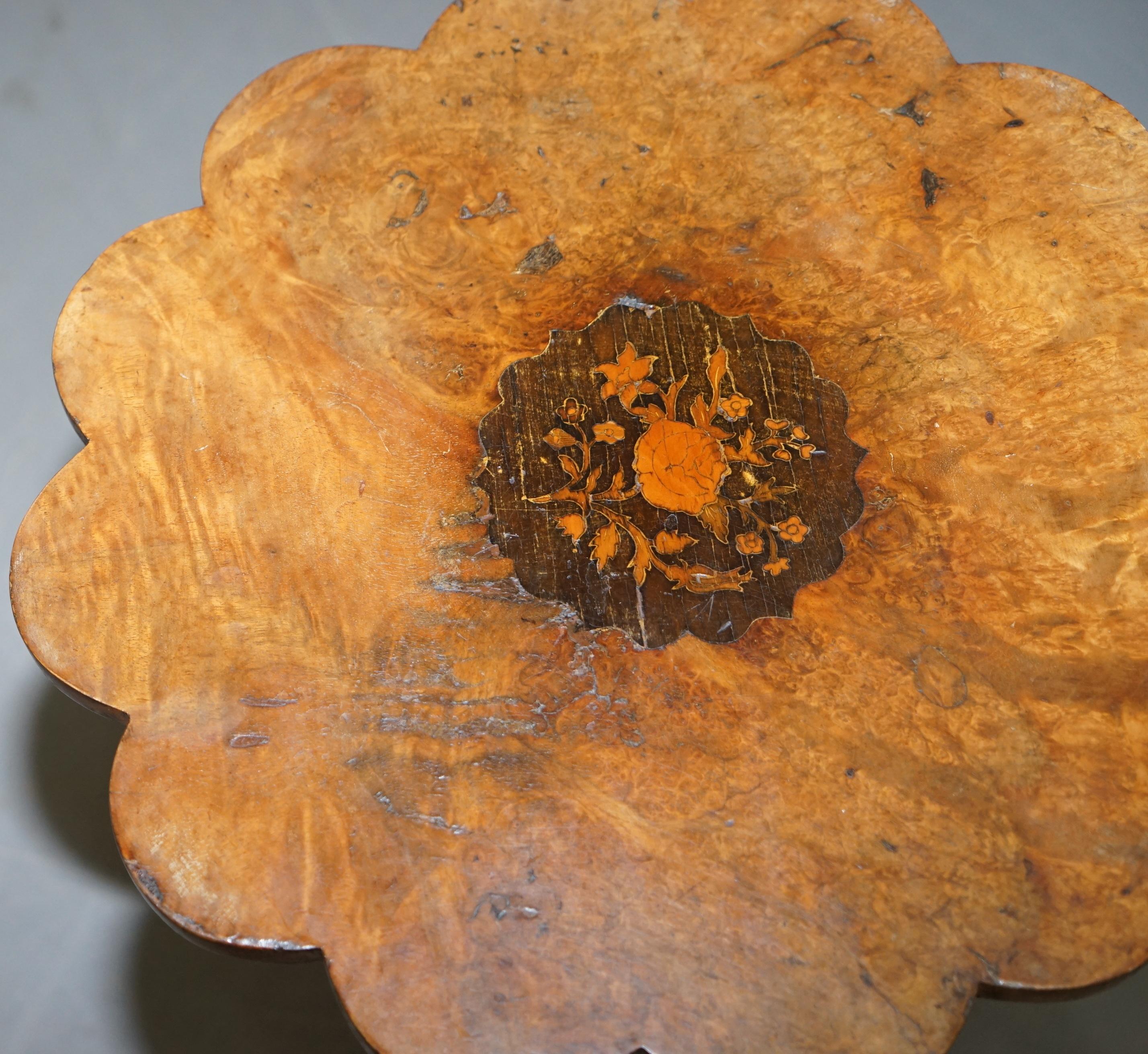Mid-19th Century Victorian Burr Walnut Flower Tripod Side Table Victorian Ornate Carving Inlaid