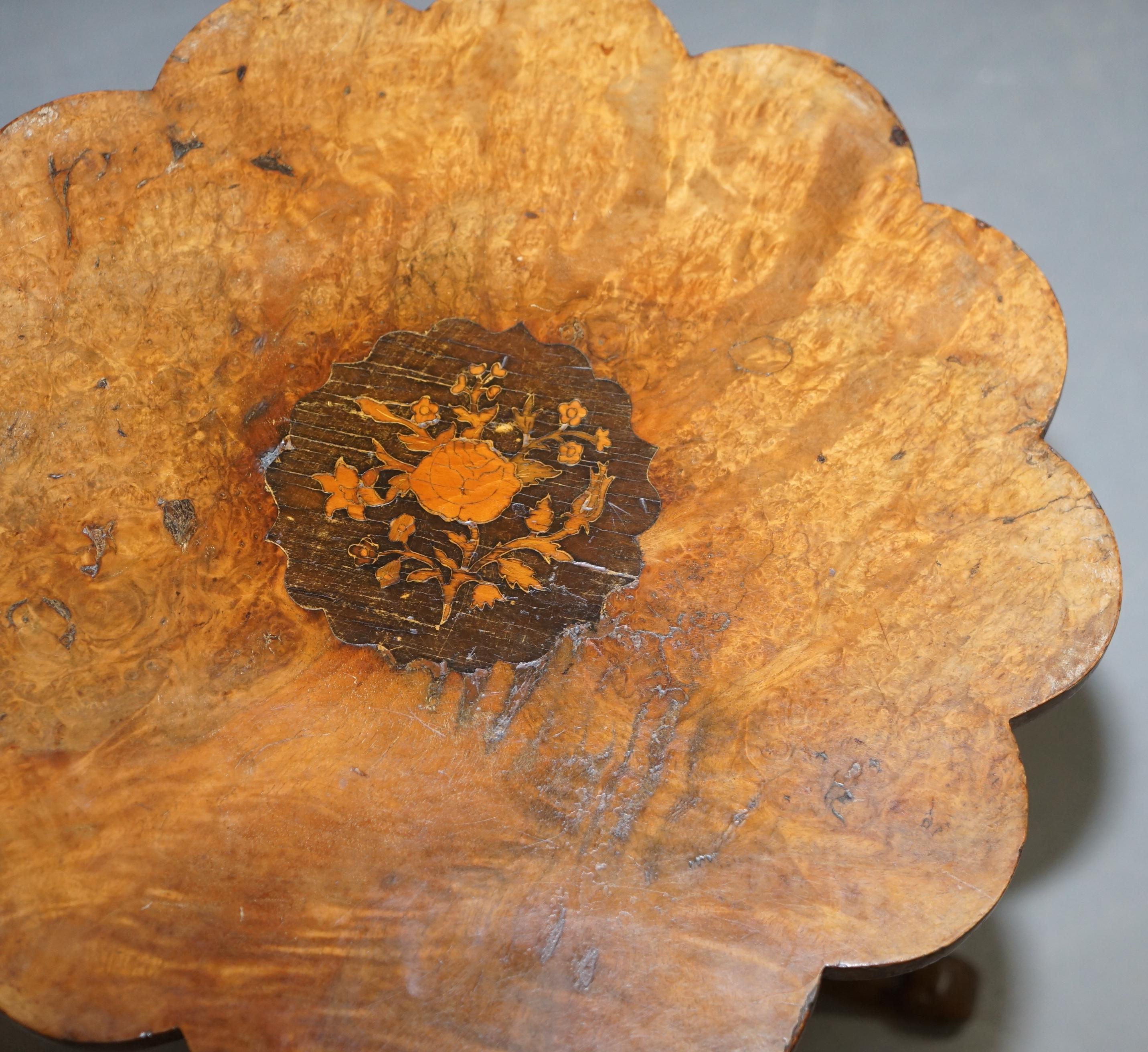Victorian Burr Walnut Flower Tripod Side Table Victorian Ornate Carving Inlaid 1