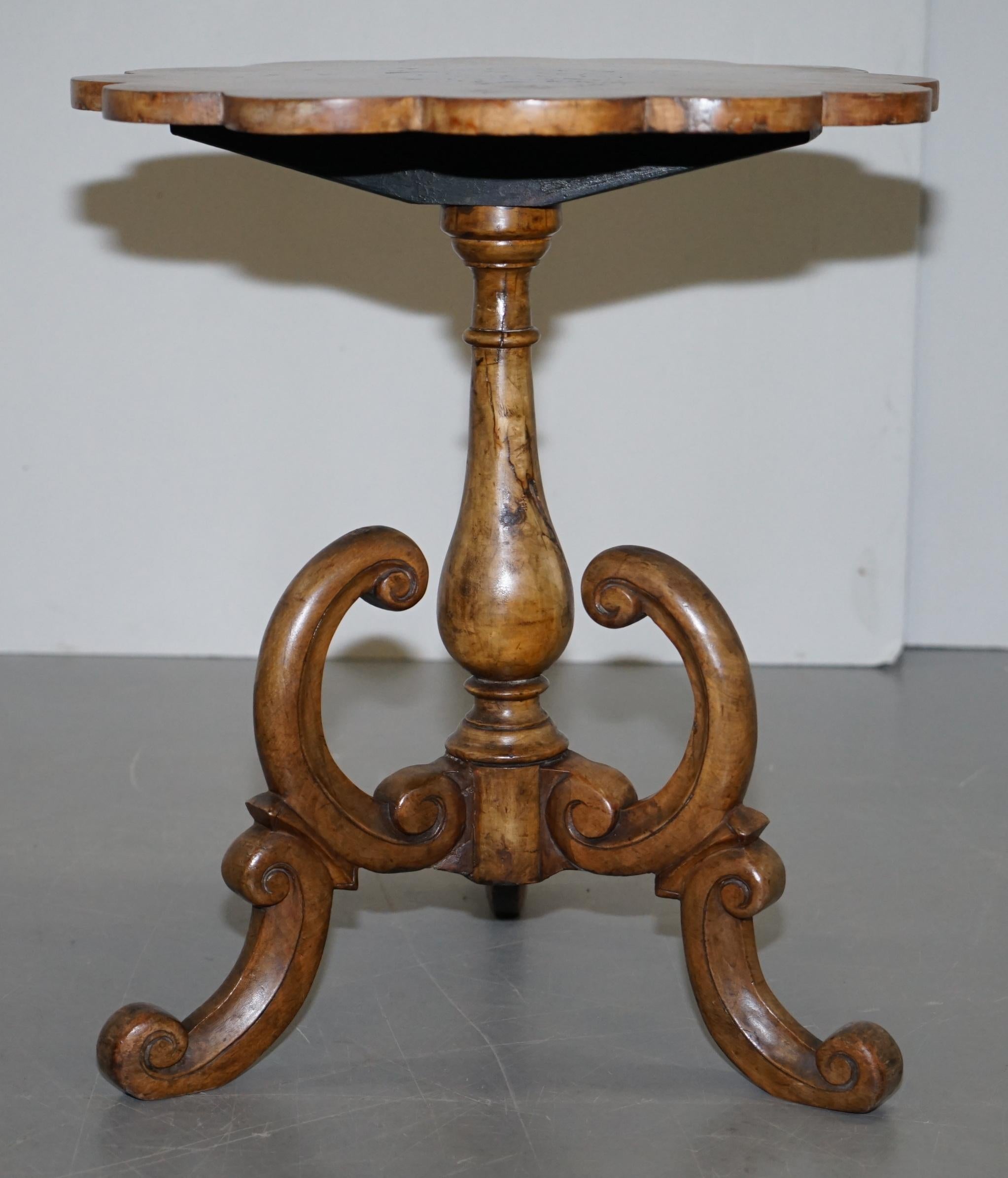 Victorian Burr Walnut Flower Tripod Side Table Victorian Ornate Carving Inlaid 2