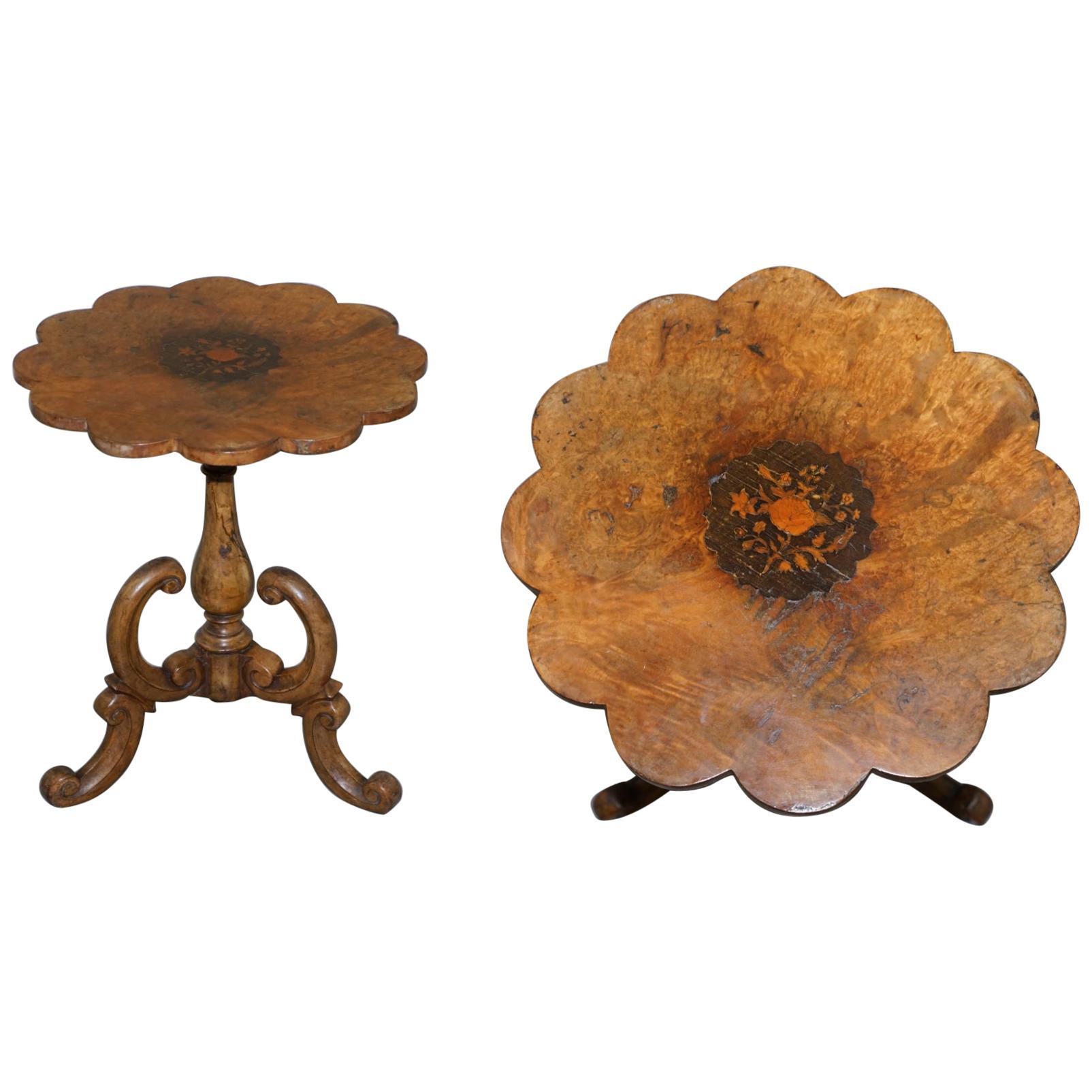 Victorian Burr Walnut Flower Tripod Side Table Victorian Ornate Carving Inlaid