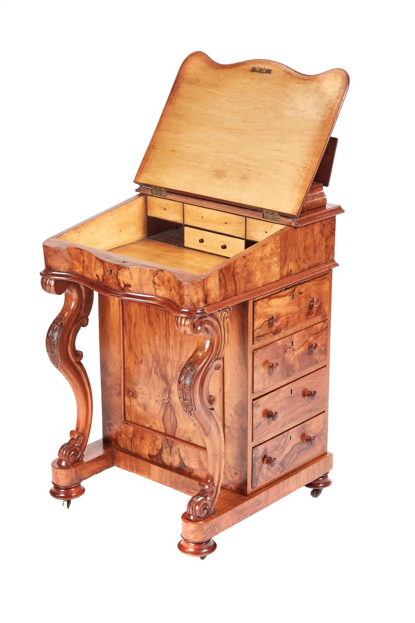 Victorian burr walnut freestanding Davenport, having a lift up lid, serpentine shaped writing slope fitted interior, lovely burr walnut front panel, lovely carved cabriole legs, four opening drawers to the right side and four dummy drawers to the
