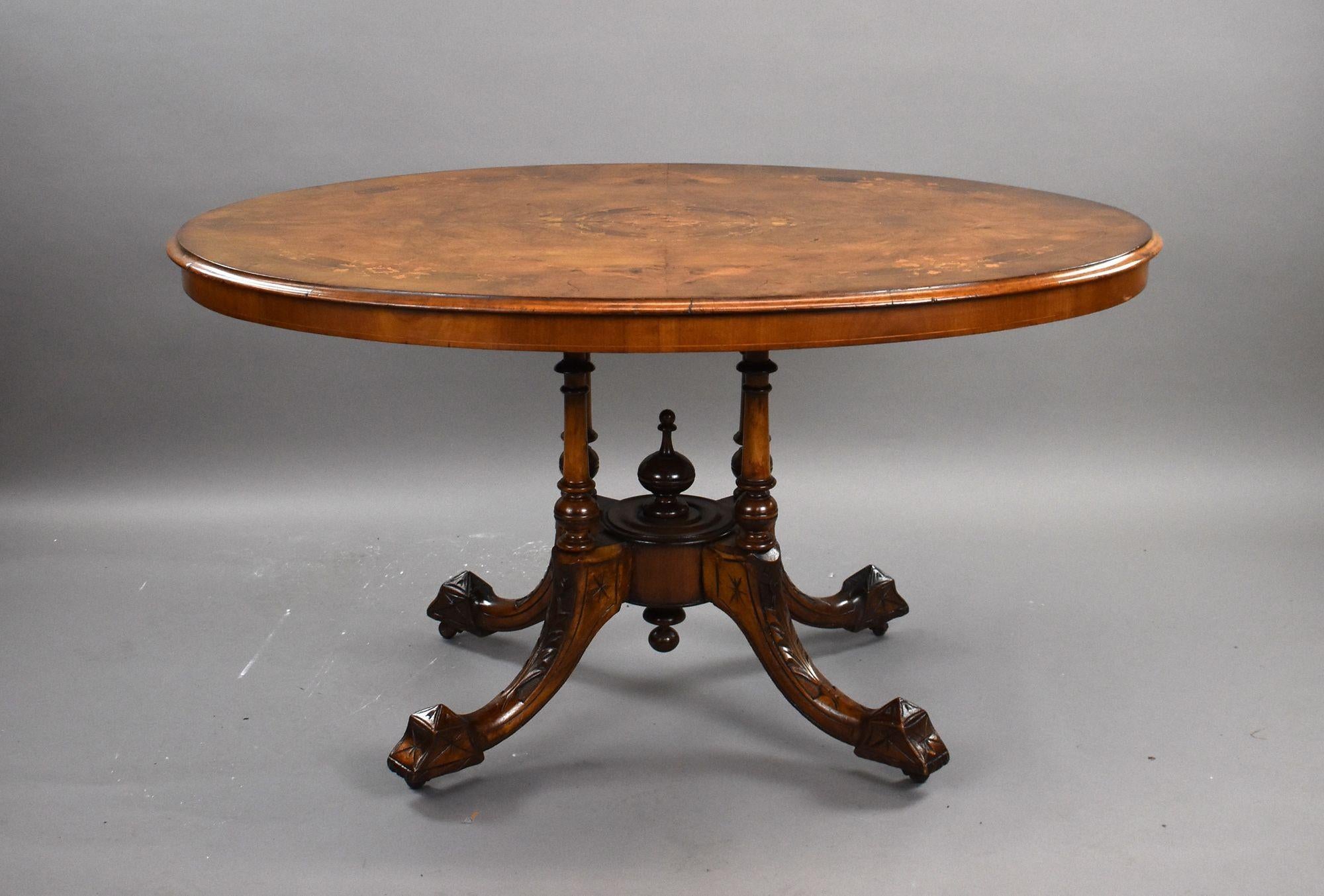 Victorian Burr Walnut & Inlaid Centre Table
Item Code: LC1374
A superb Victorian burr walnut centre table, richly inlaid and beautifully figured, dating from the mid-19th century. The oval burr walnut top displays exceptional grain patterning