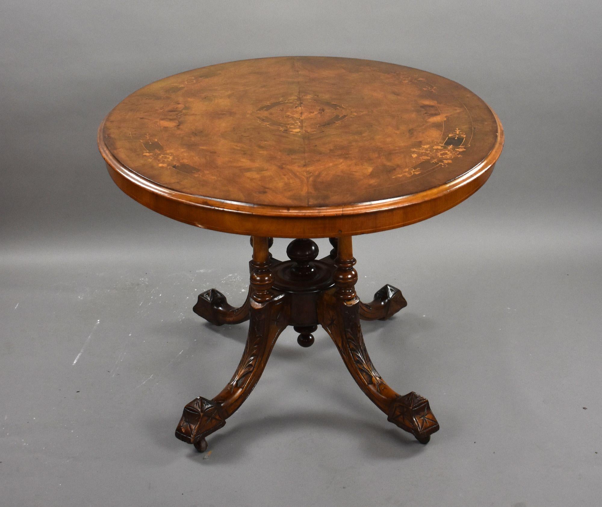 English Victorian Burr Walnut Inlaid Loo Table For Sale