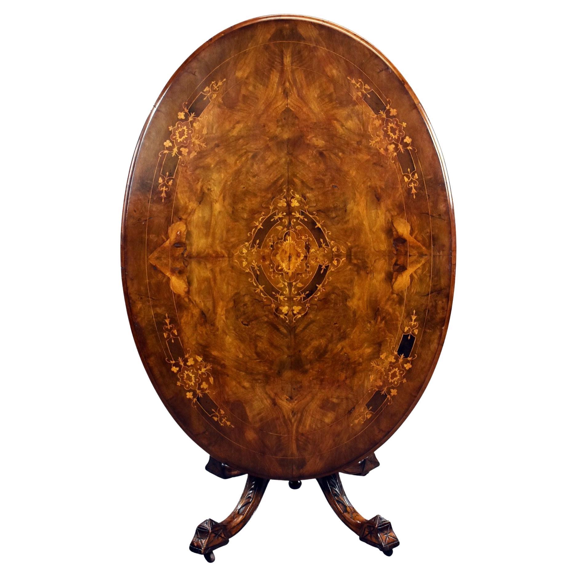 Victorian Burr Walnut Inlaid Loo Table For Sale