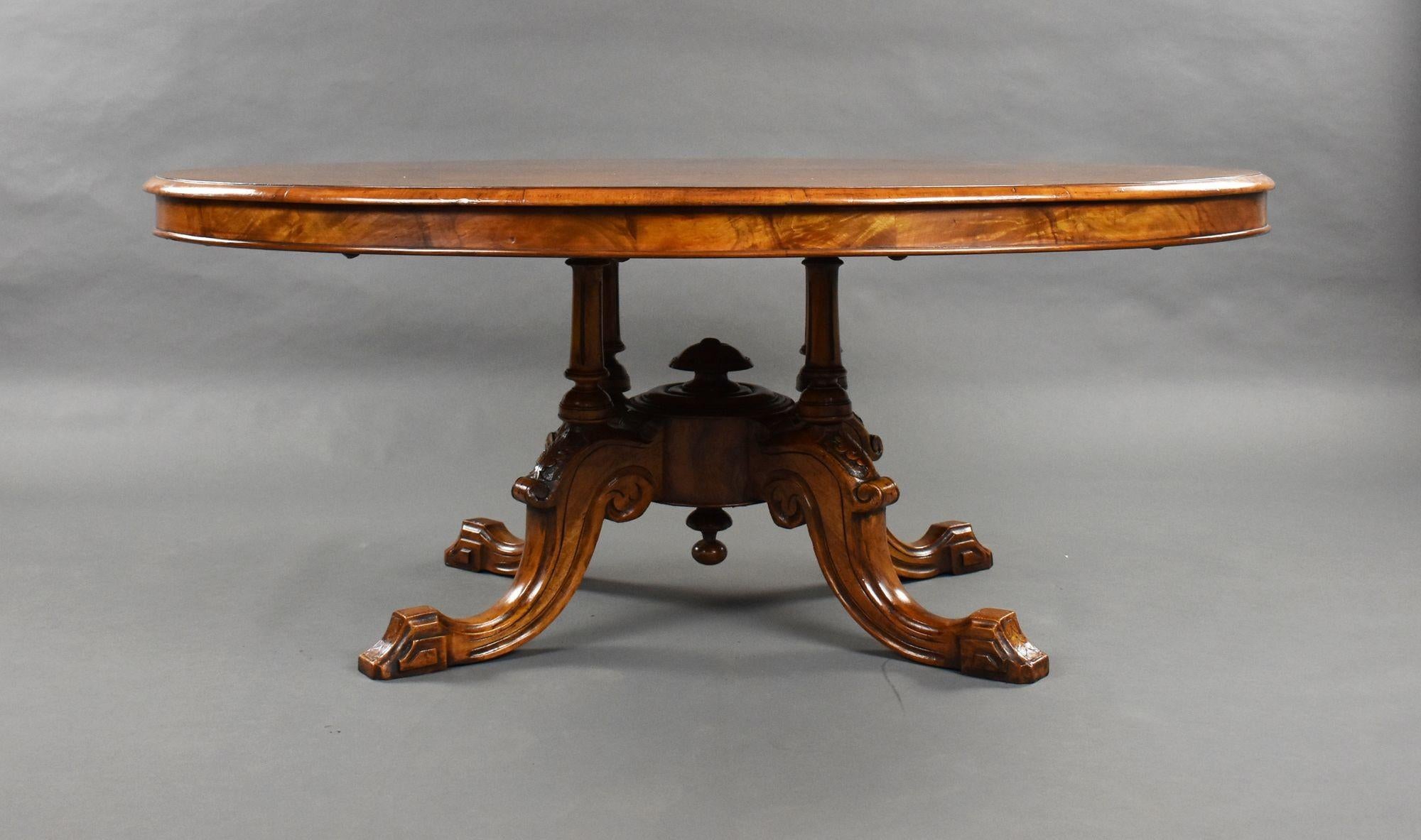 For sale is a good quality Victorian burr walnut oval coffee table, having an inlaid top, above a birdcage base, raised on elegantly carved legs. The table is in very good condition for its age.
Width: 133cm Depth: 100cm Height: 54cm