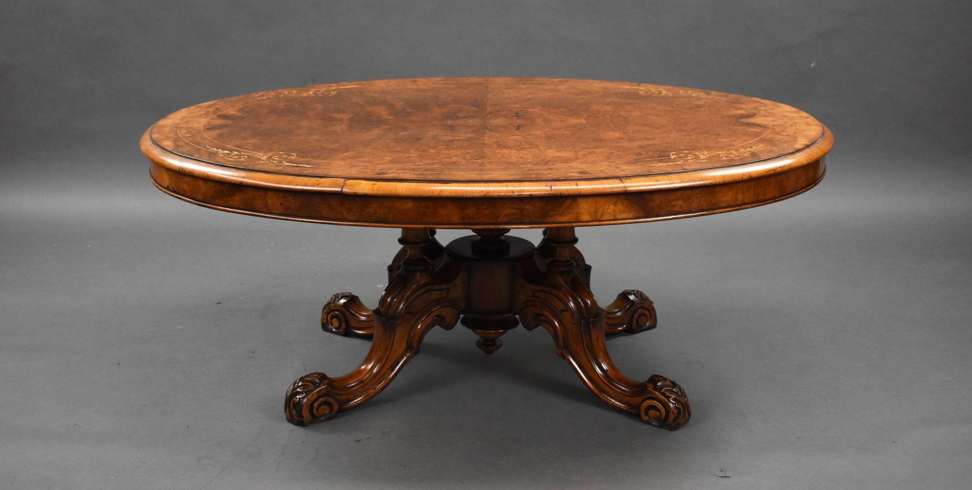 For sale is a good quality Victorian burr walnut coffee table, having a well figured strung and inlaid top, above four turned supports raised on carved legs, in very good condition.

Width: 120cm Depth: 88cm Height: 49cm