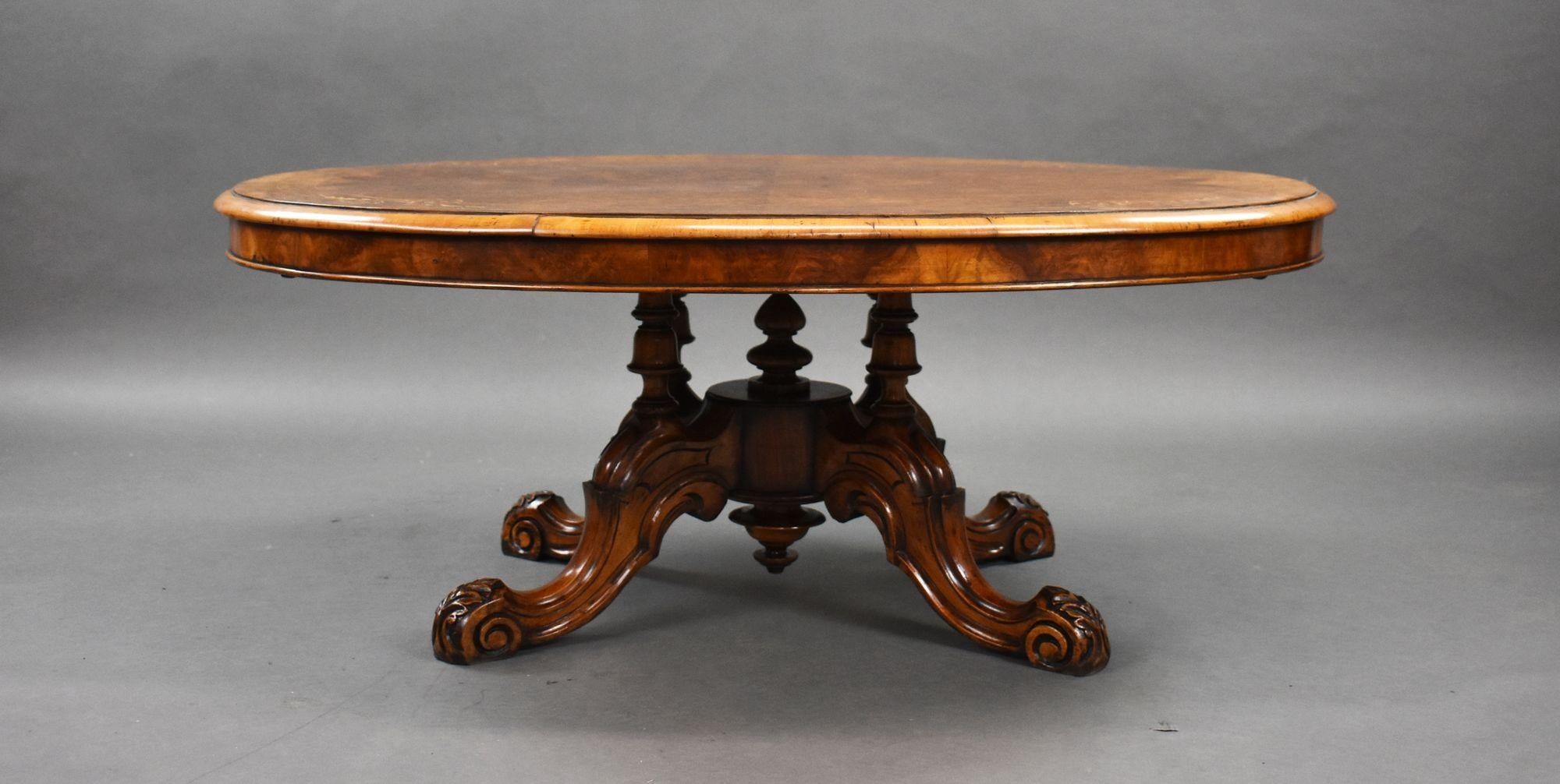 English Victorian Burr Walnut Inlaid Oval Coffee Table