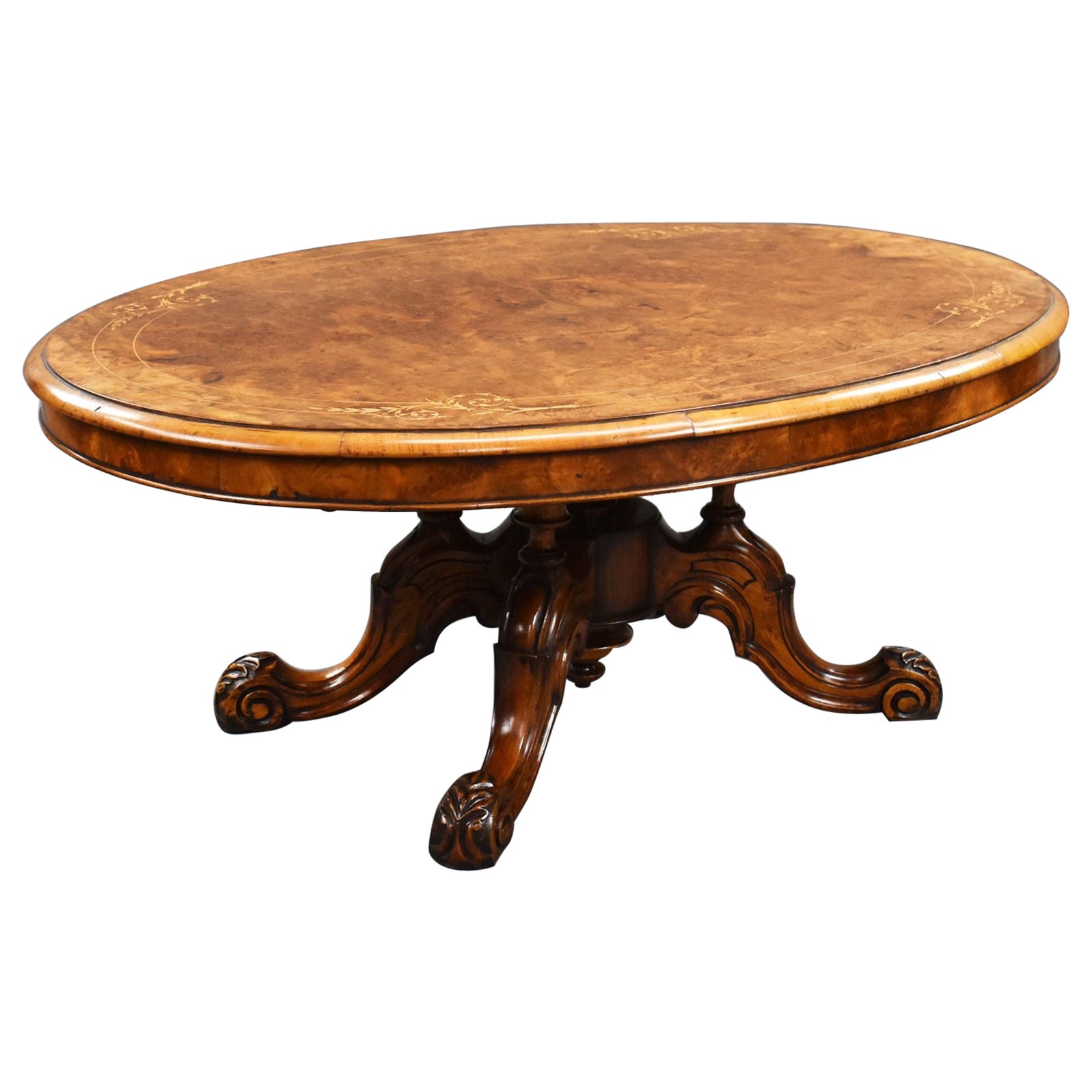 Victorian Burr Walnut Inlaid Oval Coffee Table