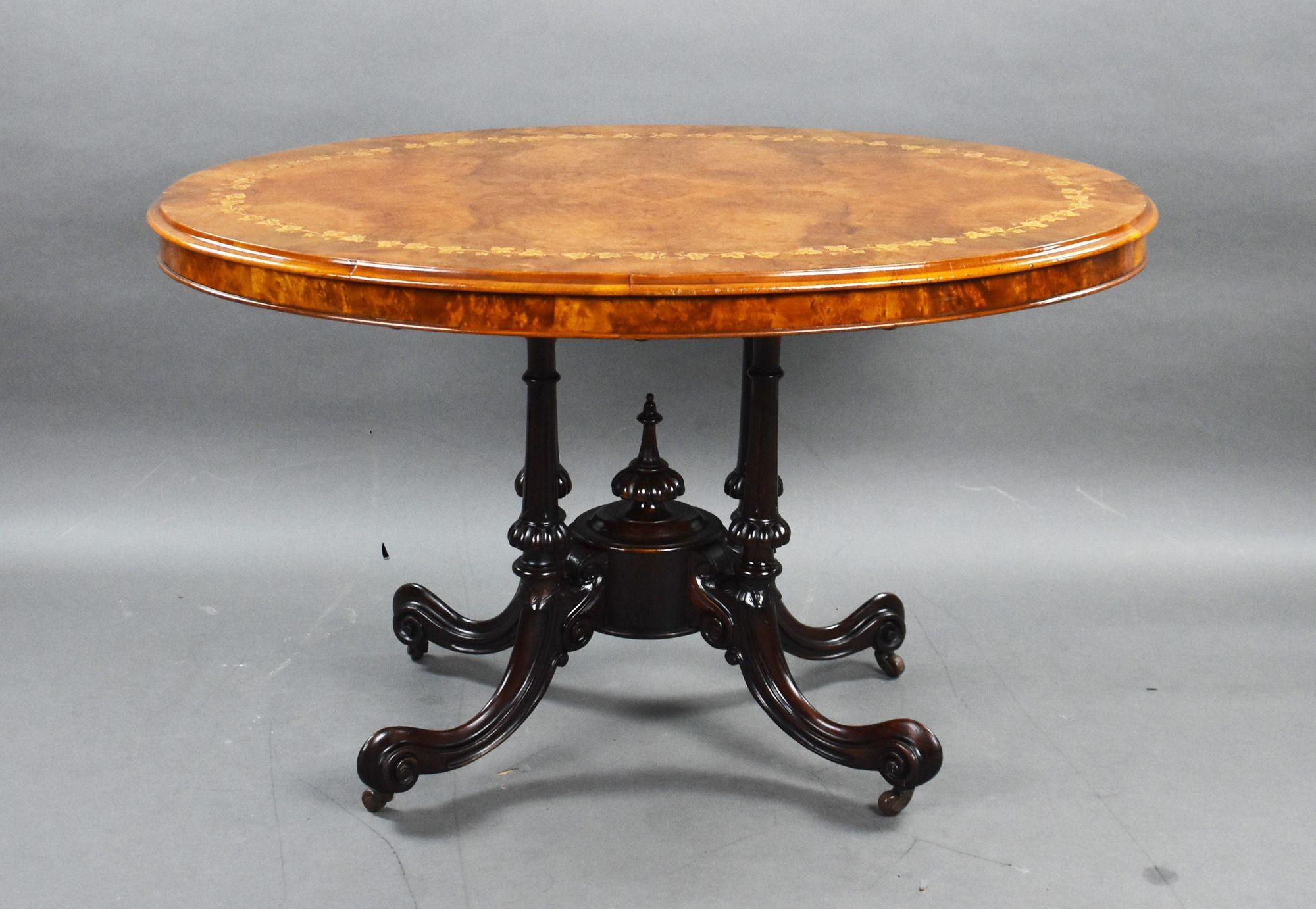 English Victorian Burr Walnut Inlaid Oval Loo Table