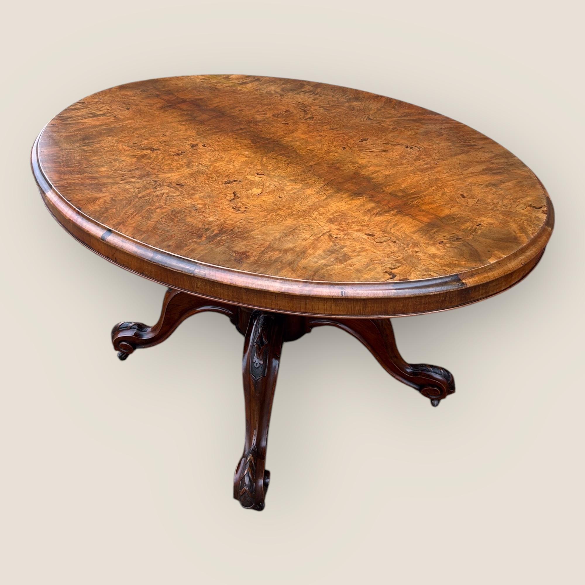 Here we have beautiful antique Victorian burr walnut loo table. Loo tables have a tilting top which allows a top to be unclicked and tilted vertical, making them easy to put put up and store to the side when not in use or space is needed in any