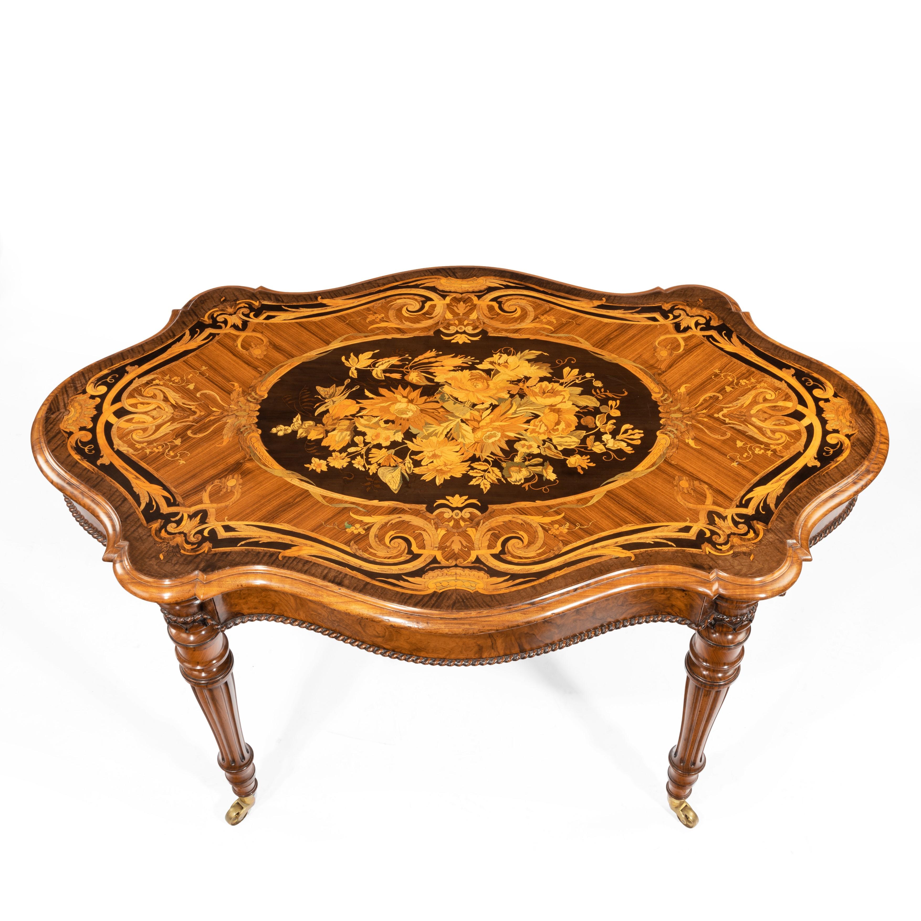 English Victorian Burr Walnut Marquetry Library Table For Sale