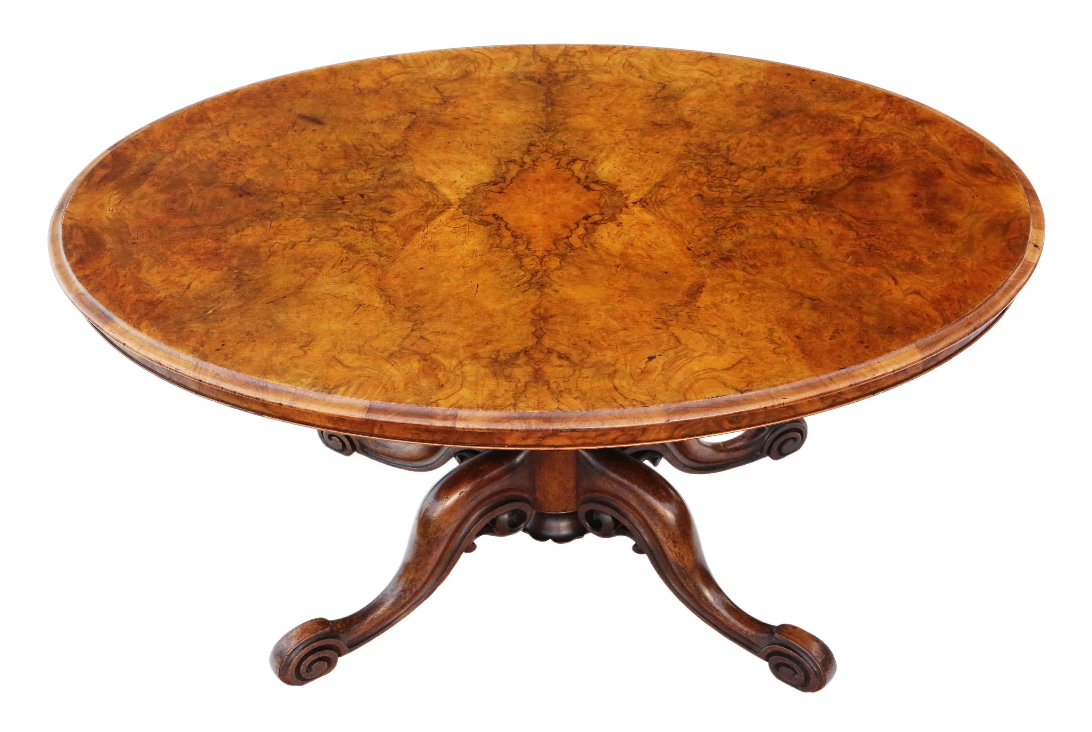 Victorian burr walnut oval loo breakfast table.
This is a lovely table (far far better than most), that is full of age, charm and character.
Rare and attractive. Tables of this quality do not come up often.
The table is heavy, solid and has no loose
