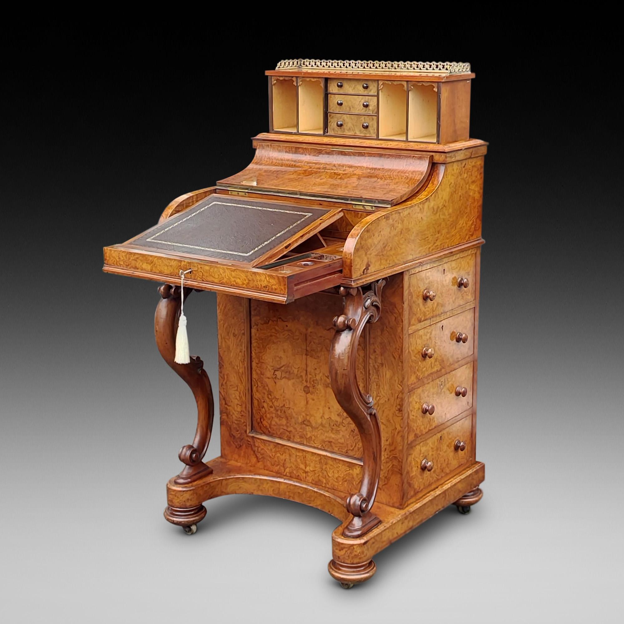 Victorian Burr Walnut Piano Top Pop Up Davenport with Scroll End Supports, maple fitted interior with writing slope and ink bottles, scroll end supports flanking drawers on plinth base and blind castors in pod feet 21