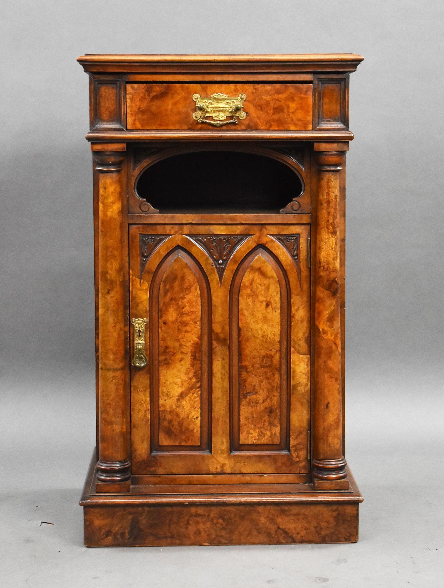 Victorian Burr Walnut Gothic Revival Pot Cupboard
Item Code: 1300 A
Circa 1870
A handsome mid-Victorian Gothic Revival pot cupboard, finely crafted in richly figured burr walnut. The cabinet features a single frieze drawer above an arched open