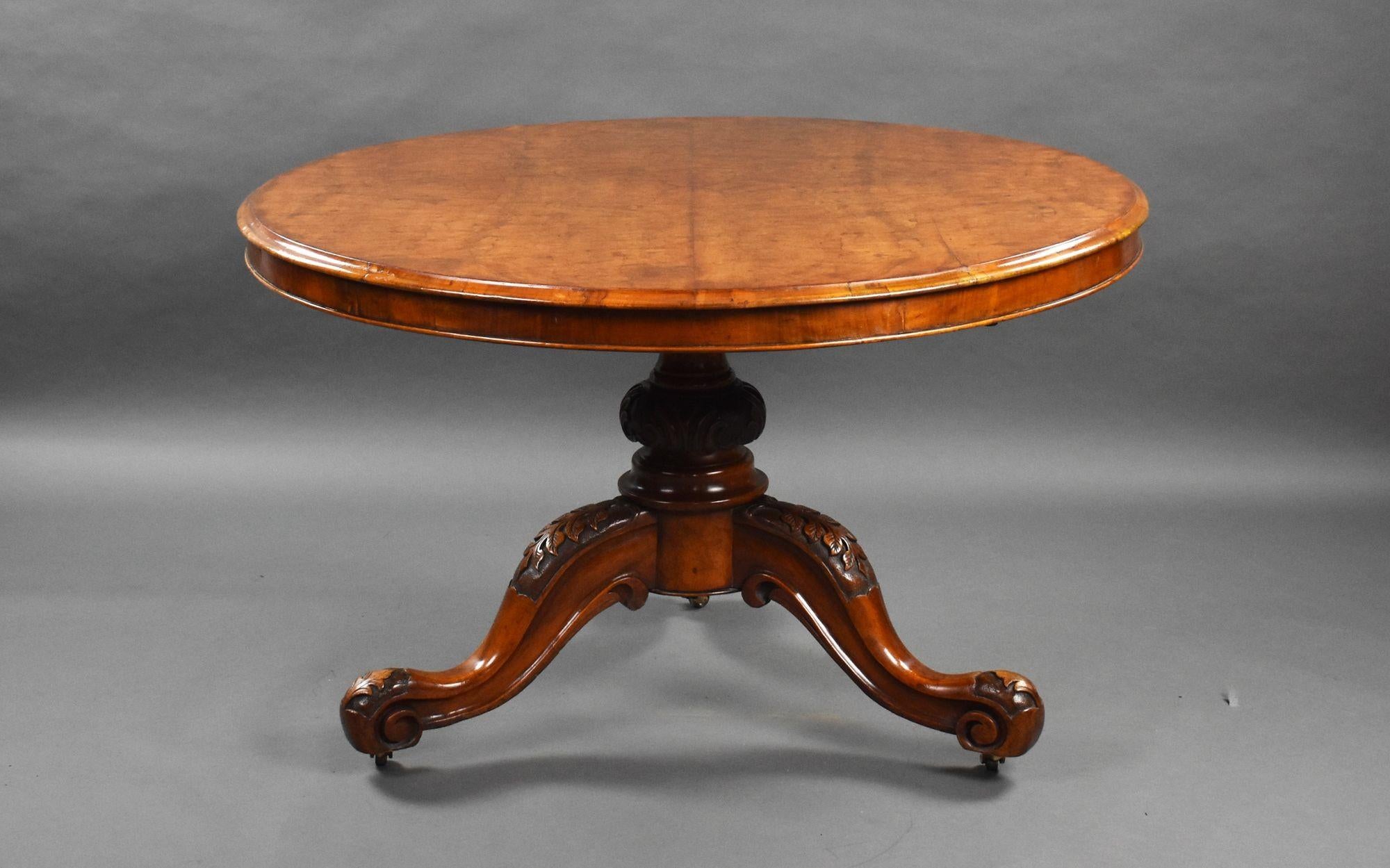 For sale is a good quality Victorian burr walnut round breakfast table, having a turned and carved base, with out swept legs raised on castors, the table remains in very good condition.
Width: 116cm Depth: 116cm Height: 73cm