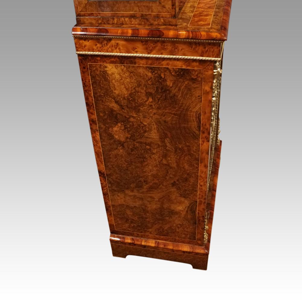 English Victorian burr walnut sevres mounted pier cabinet For Sale