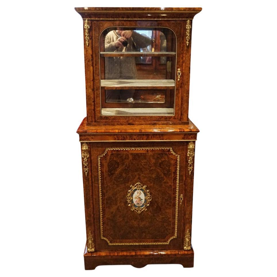 Victorian burr walnut sevres mounted pier cabinet For Sale