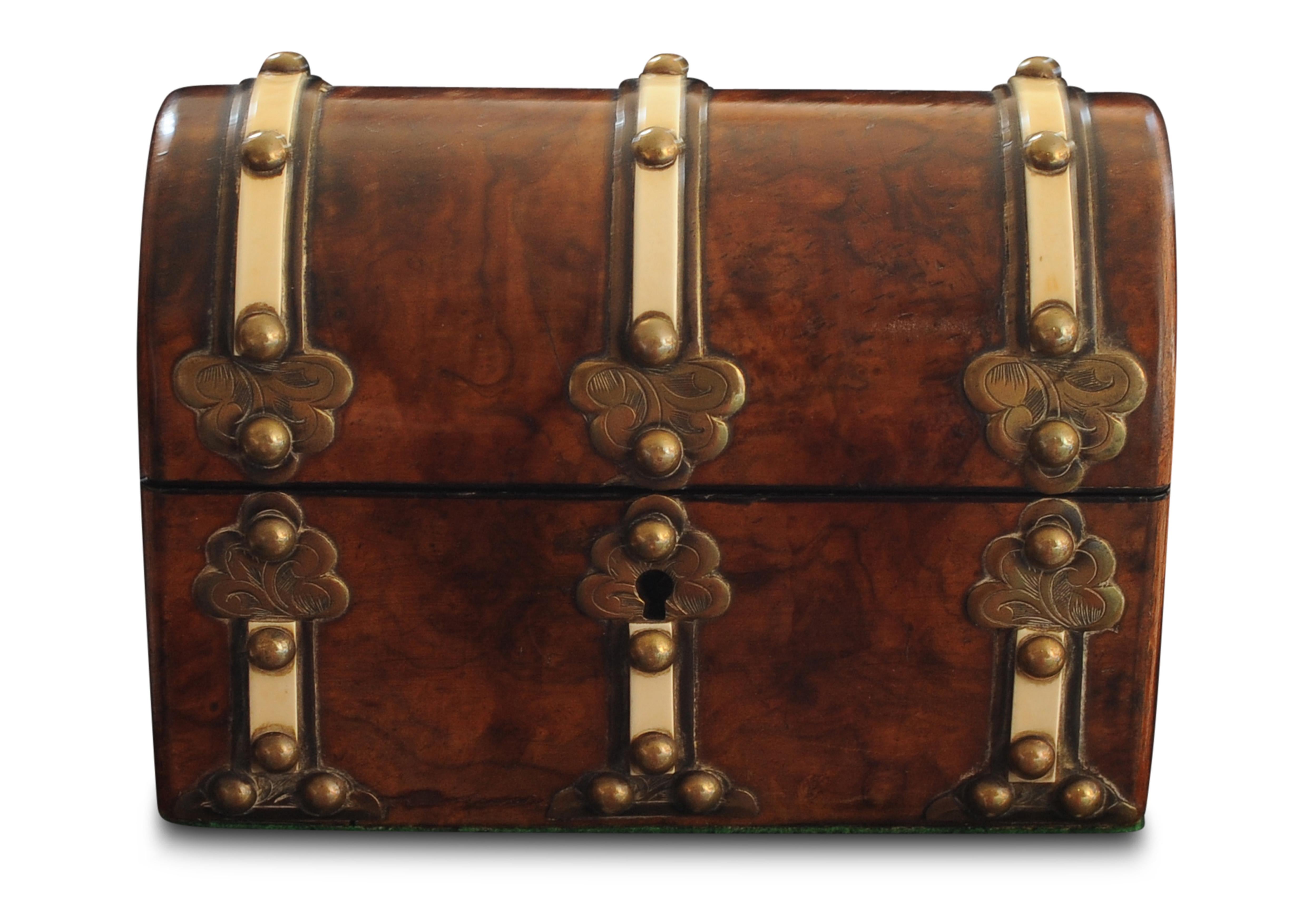 Spanish Victorian Burr Walnut Studded Keepsake Chest With Engraved Brass & Green Baize For Sale