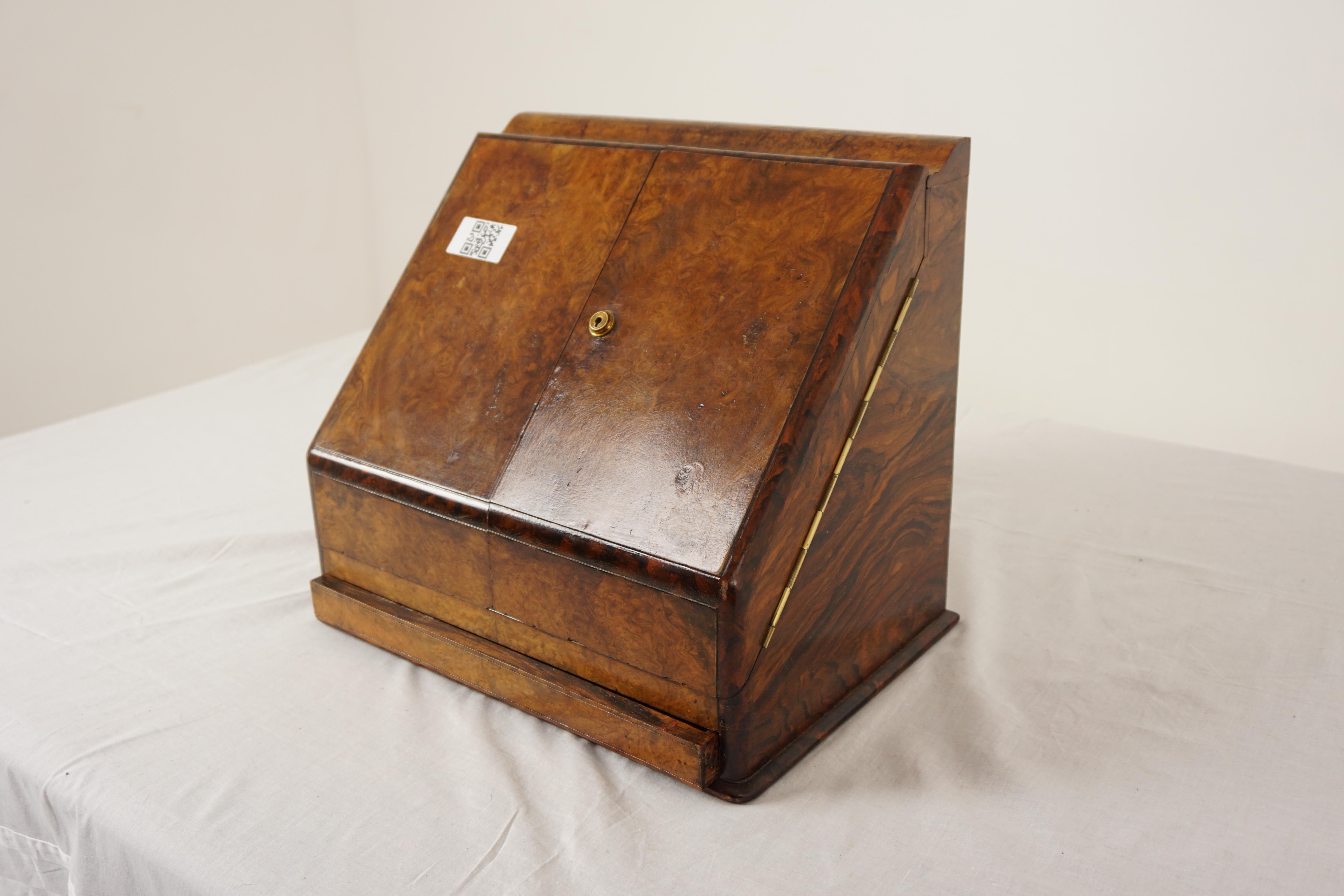 Antique Victorian Burr Walnut Stationary Box, Letter Rack, Writing Box, Scotland 1880, H970

Scotland 1880
Solid Walnut and Veneers
Original Finish
Shaped front upright form consisting of two front doors over a drawer on the base
Opens to
