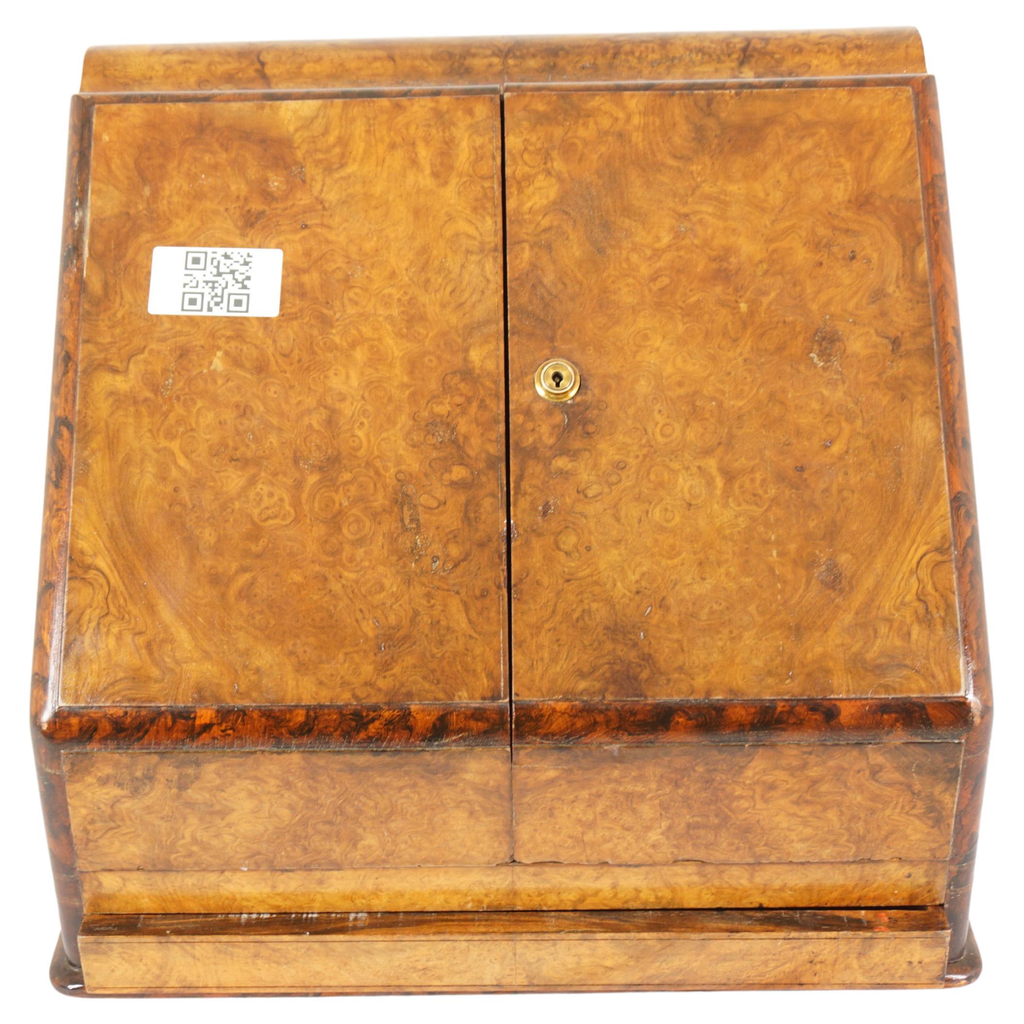 Viktorianische Schreibkasten aus Wurzelnussholz, Schachtel, Briefständer, Schottland 1880, H970