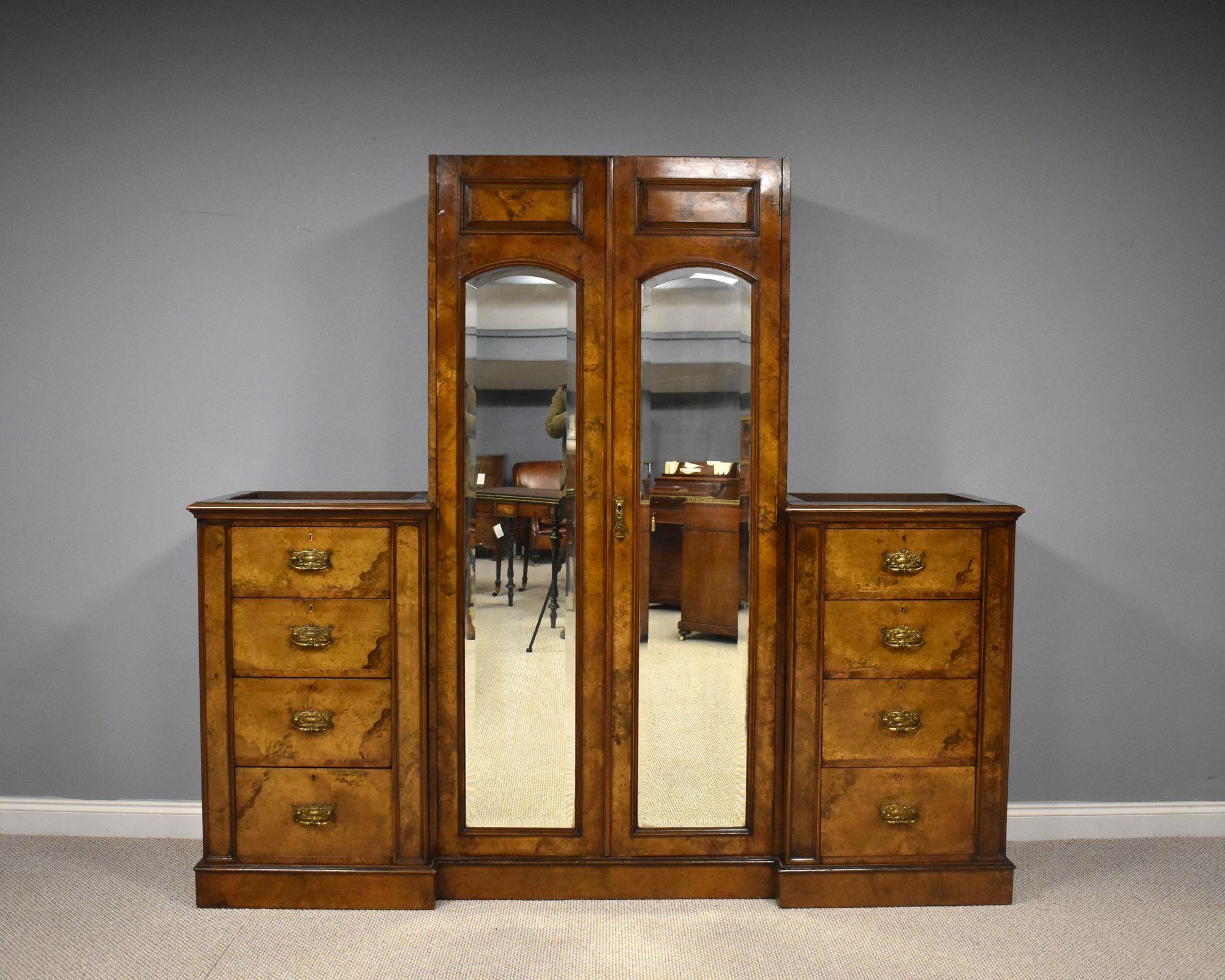 English Victorian Burr Walnut Triple Wardrobe