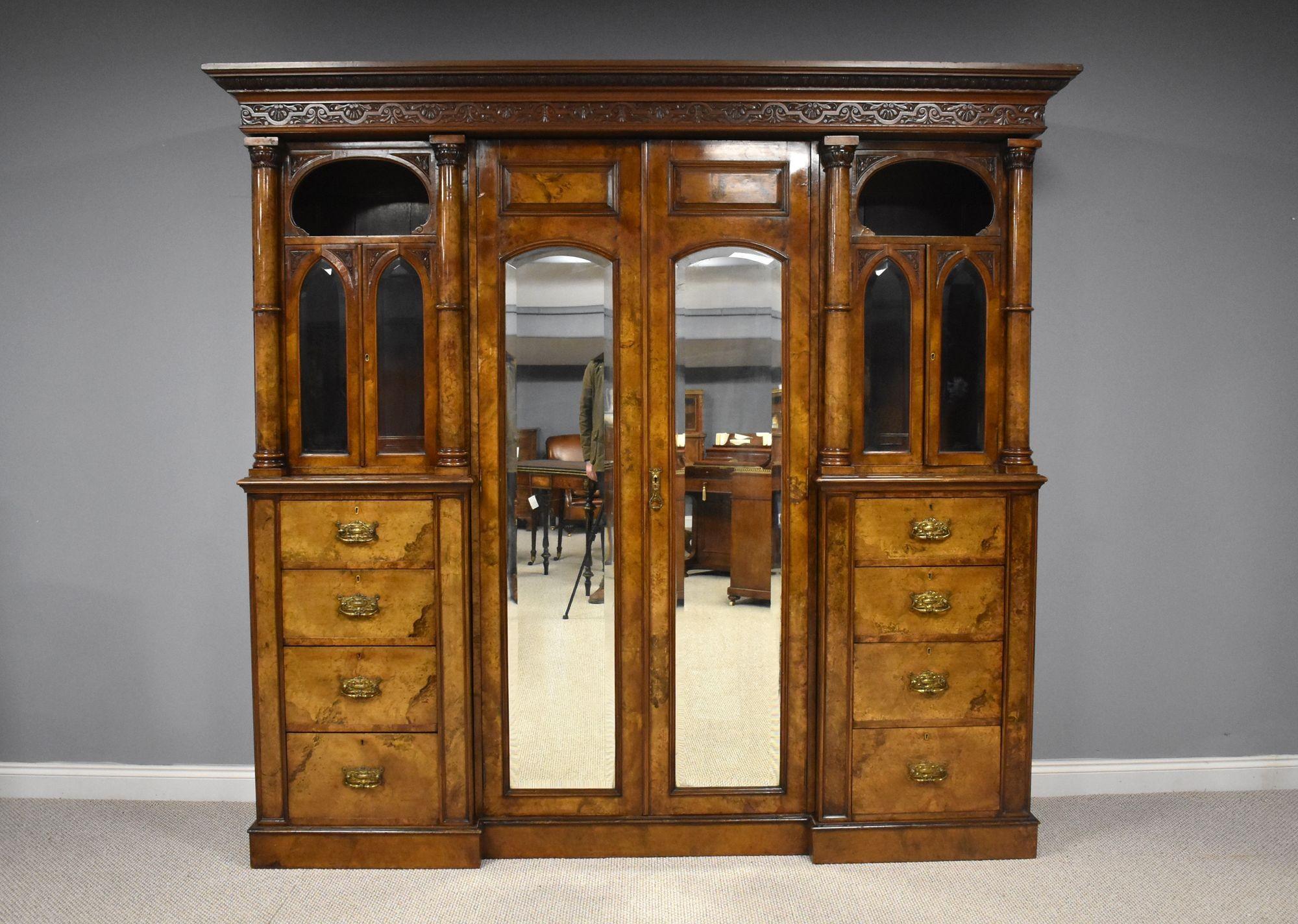 19th Century Victorian Burr Walnut Triple Wardrobe