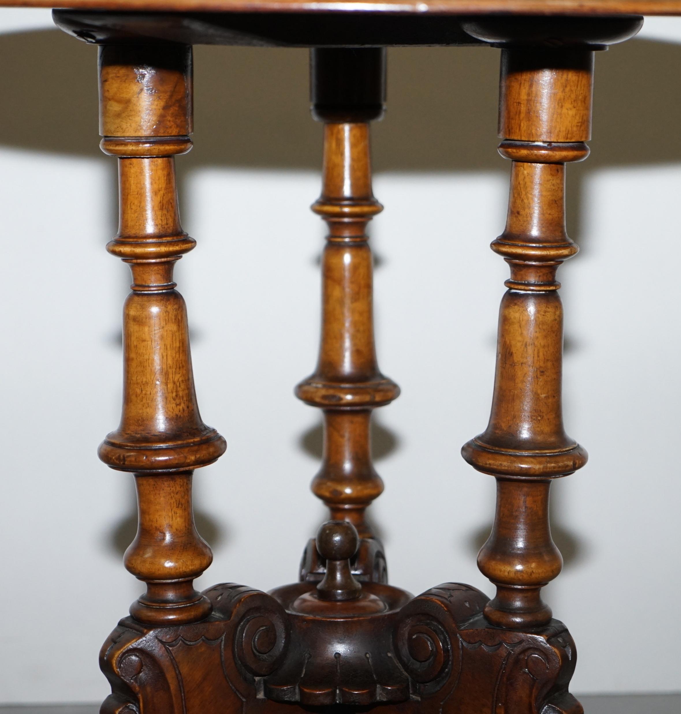 Victorian Burr Walnut Tripod Pillarded Base Side Table Victorian Ornate Carving For Sale 4